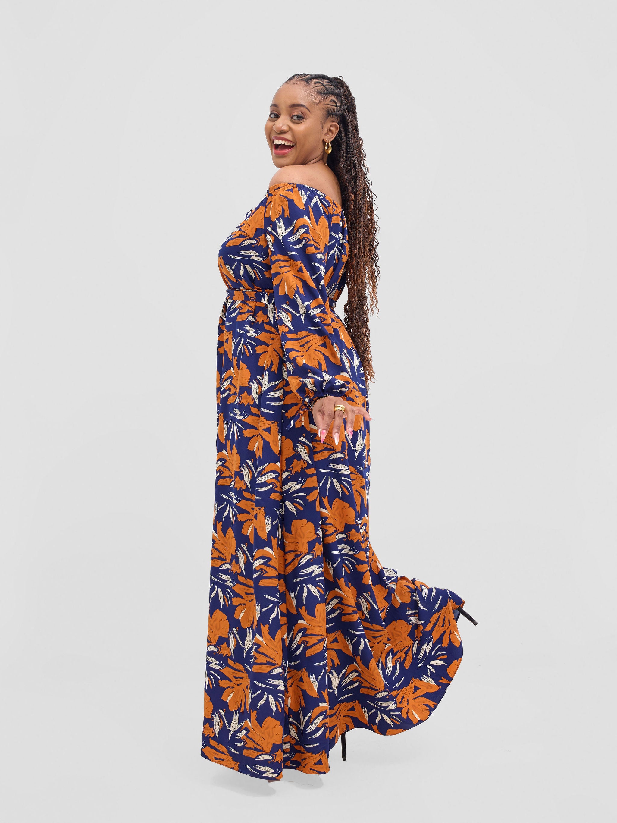 Vivo Zahari Off-Shoulder Maxi Dress - Navy / Orange Zaha Print