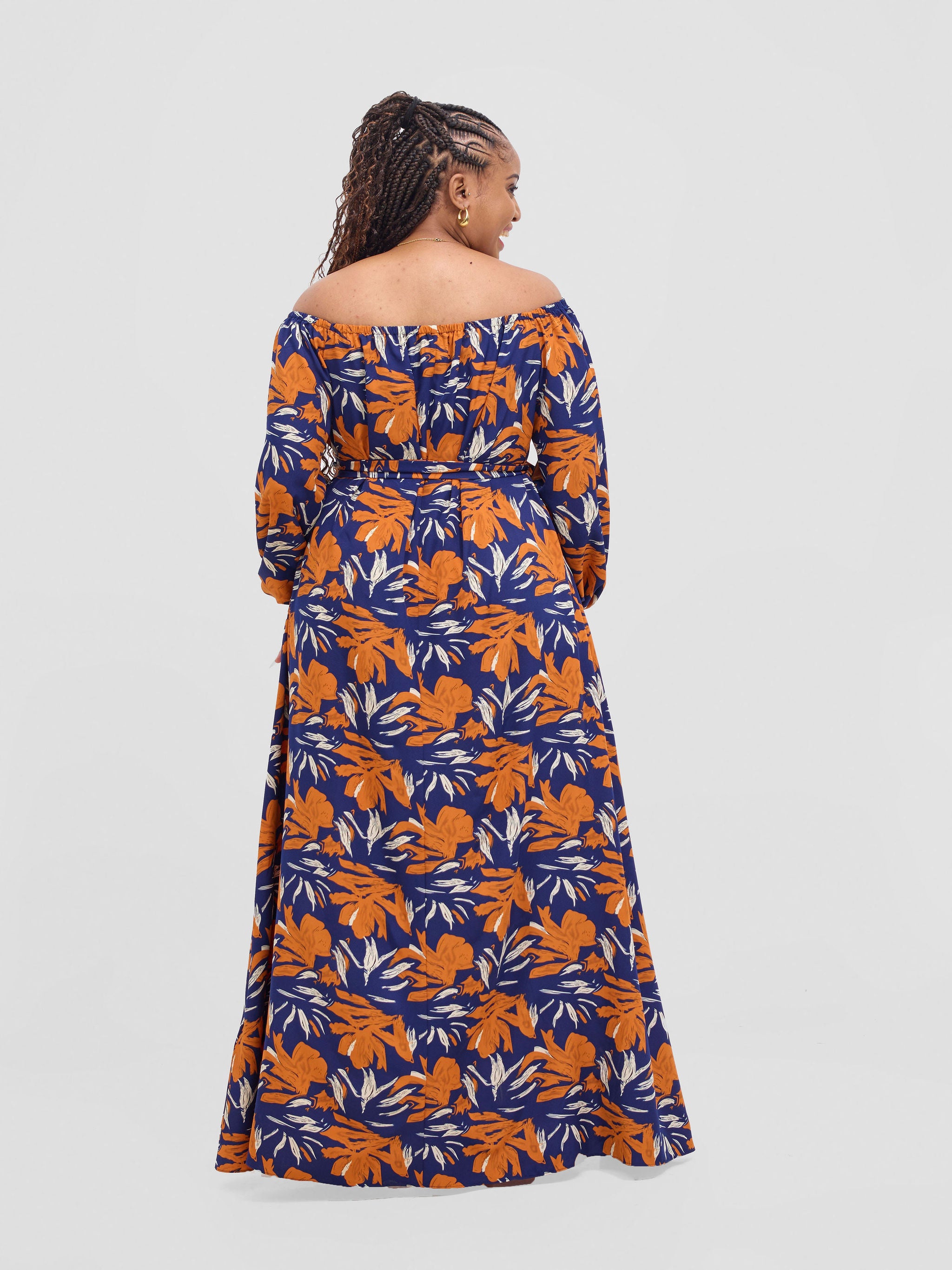 Vivo Zahari Off-Shoulder Maxi Dress - Navy / Orange Zaha Print