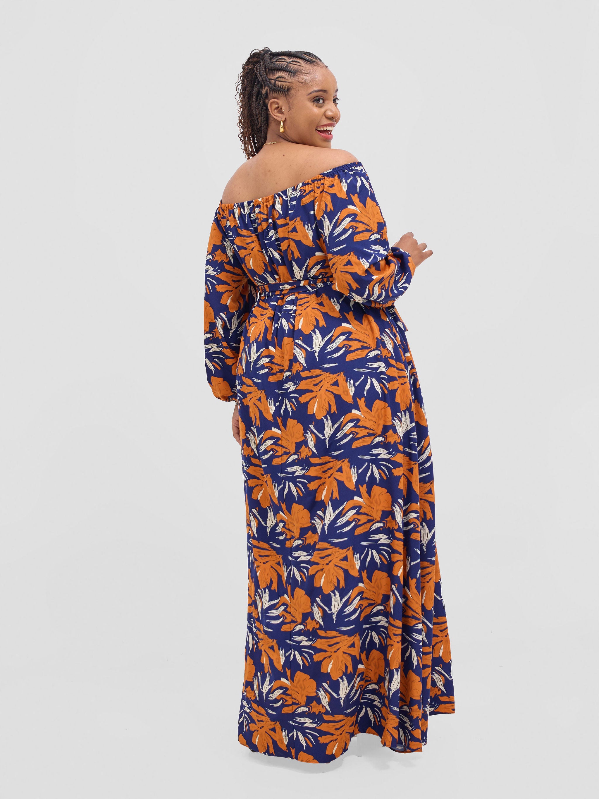 Vivo Zahari Off-Shoulder Maxi Dress - Navy / Orange Zaha Print