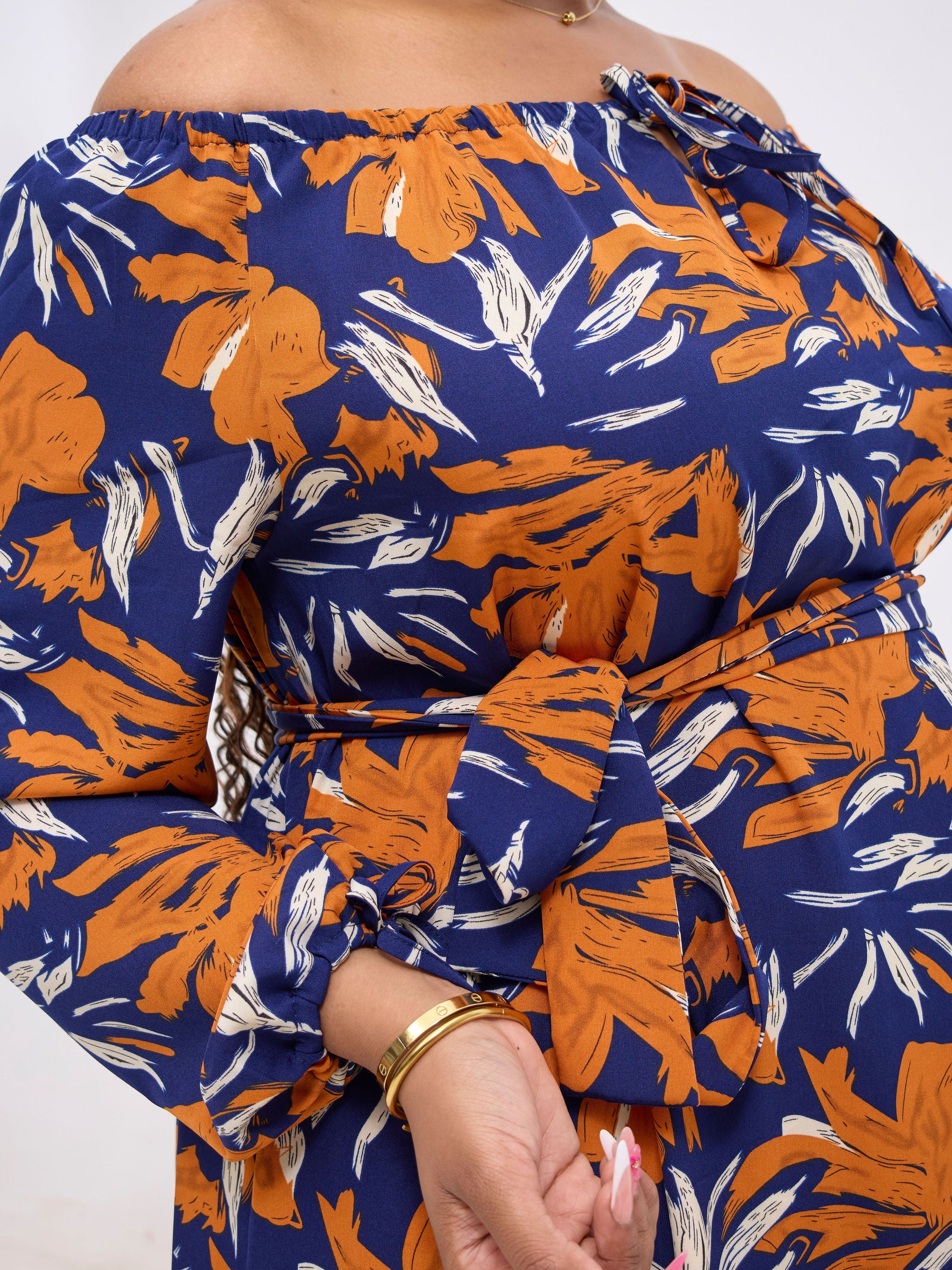 Vivo Zahari Off-Shoulder Maxi Dress - Navy / Orange Zaha Print