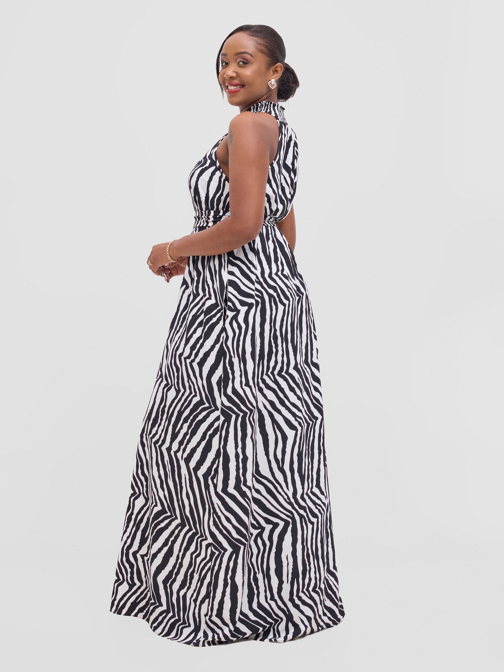 Vivo Alek Halter Neck Maxi Dress - Black / White Mistari Print