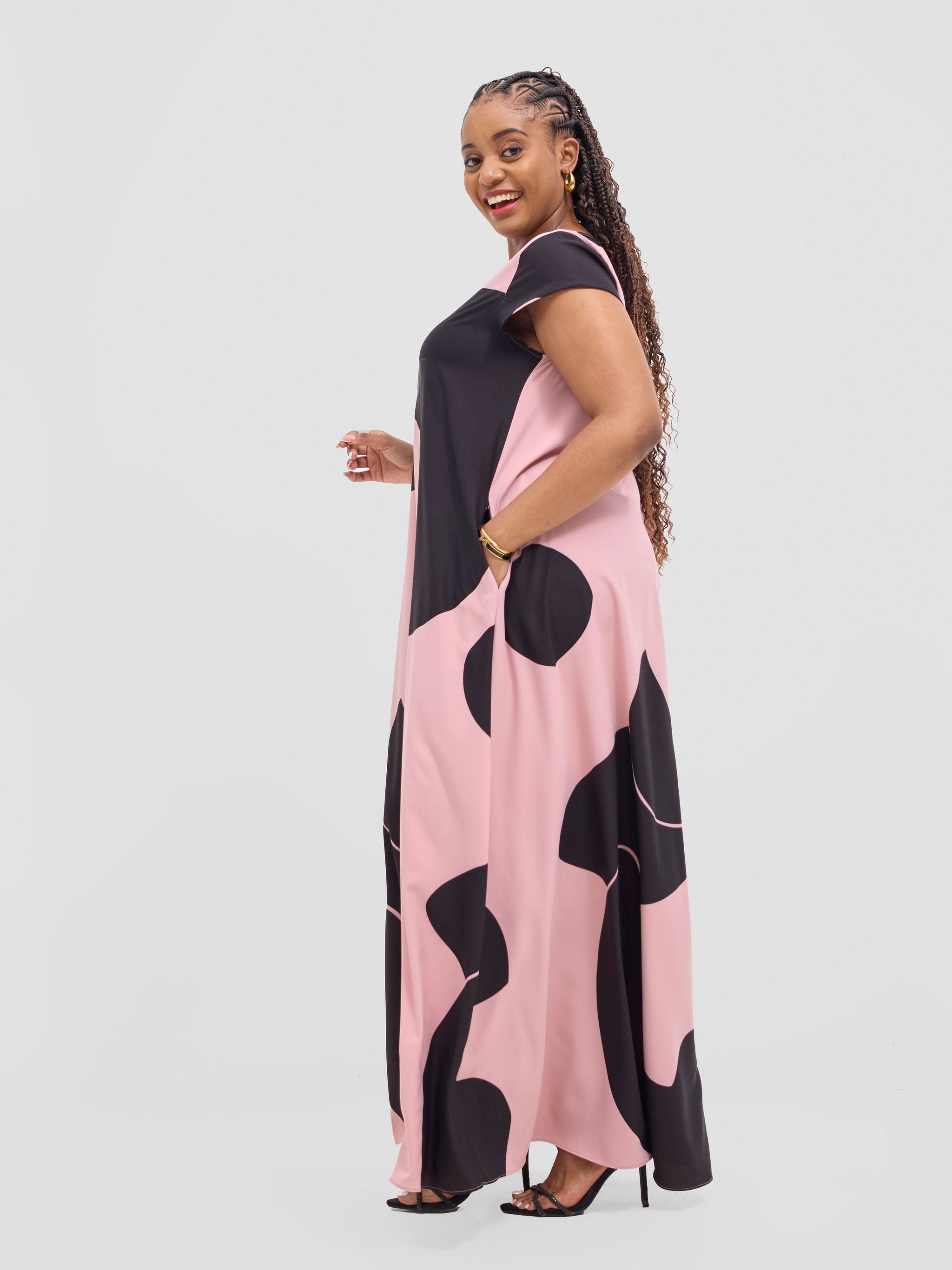 Vivo Sakari Cap Sleeve Maxi Dress - Blush Pink / Black Meda Print