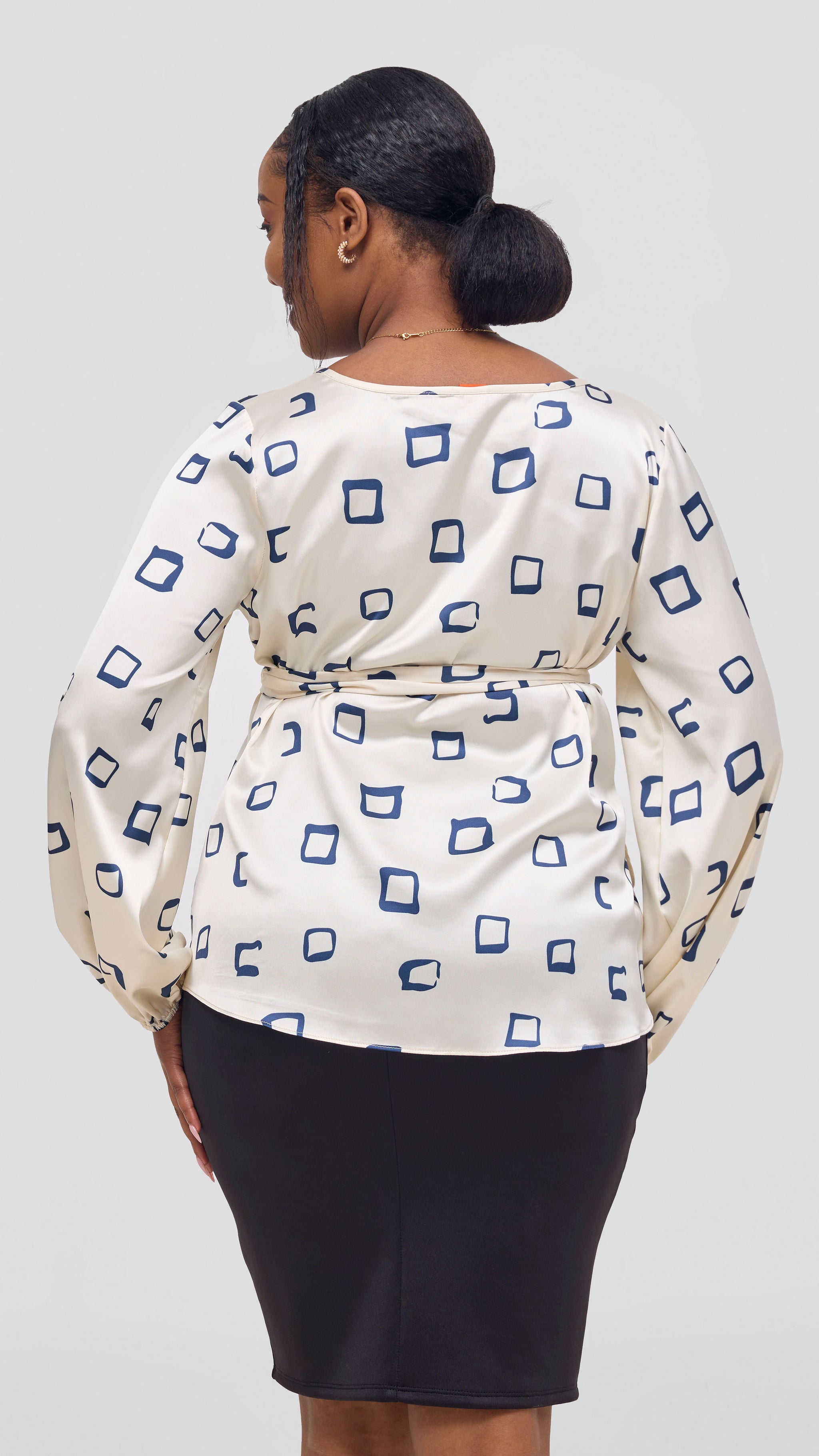 Vivo Basic Satin Bishop Sleeve Top - Off White / Navy Nita Print