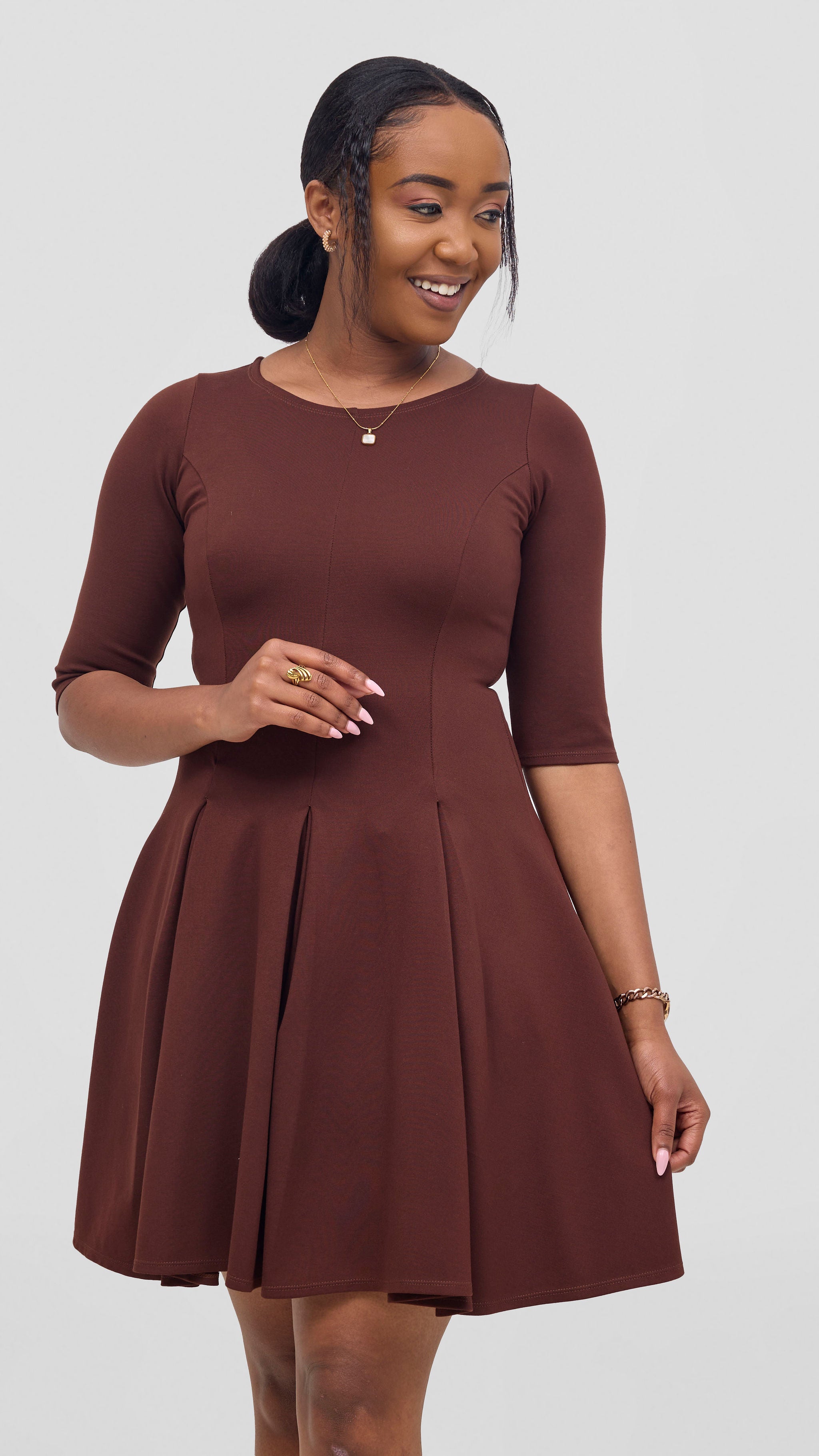 Vivo Aleri A-Line Pleated Dress - Chocolate