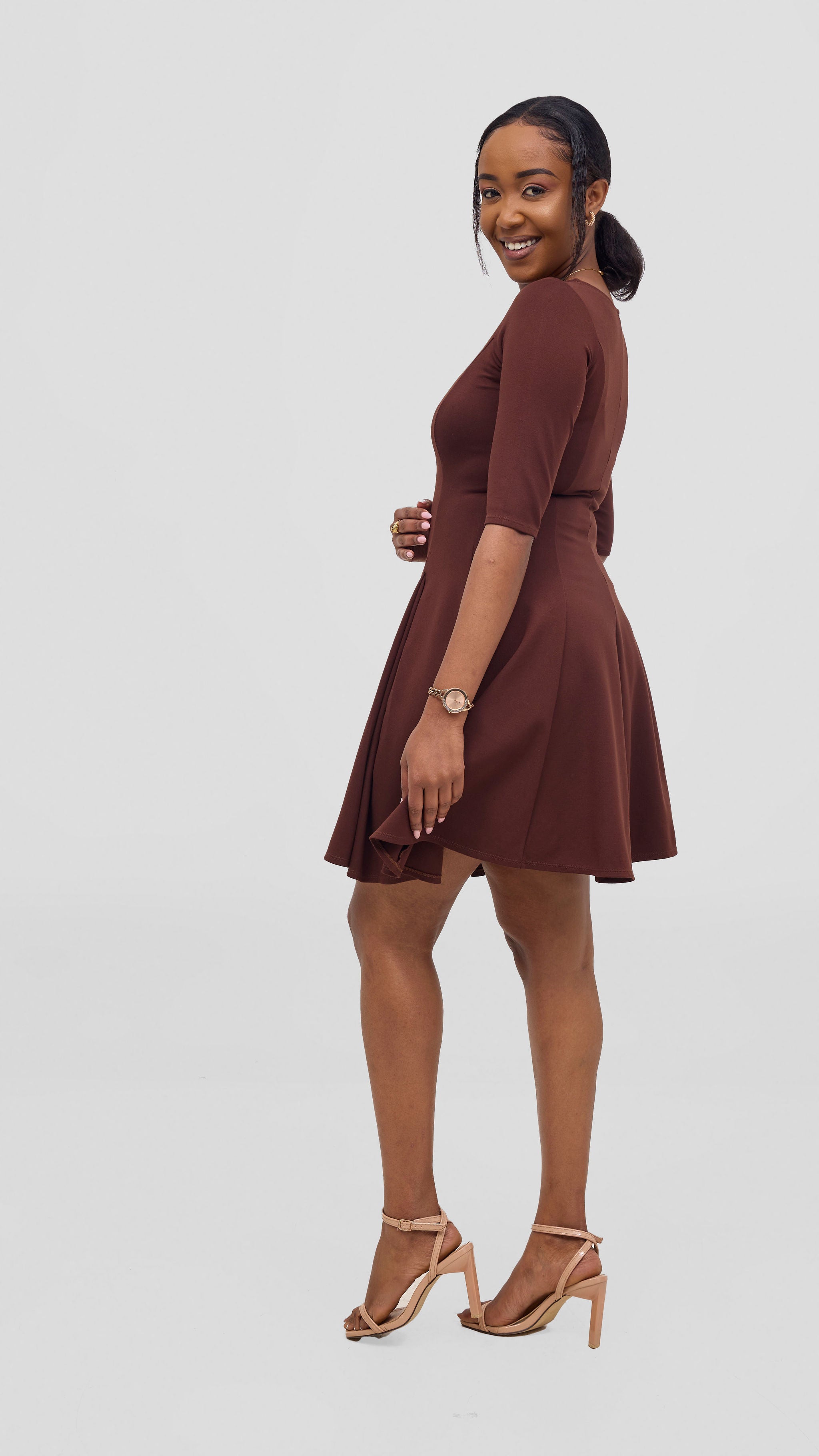 Vivo Aleri A-Line Pleated Dress - Chocolate