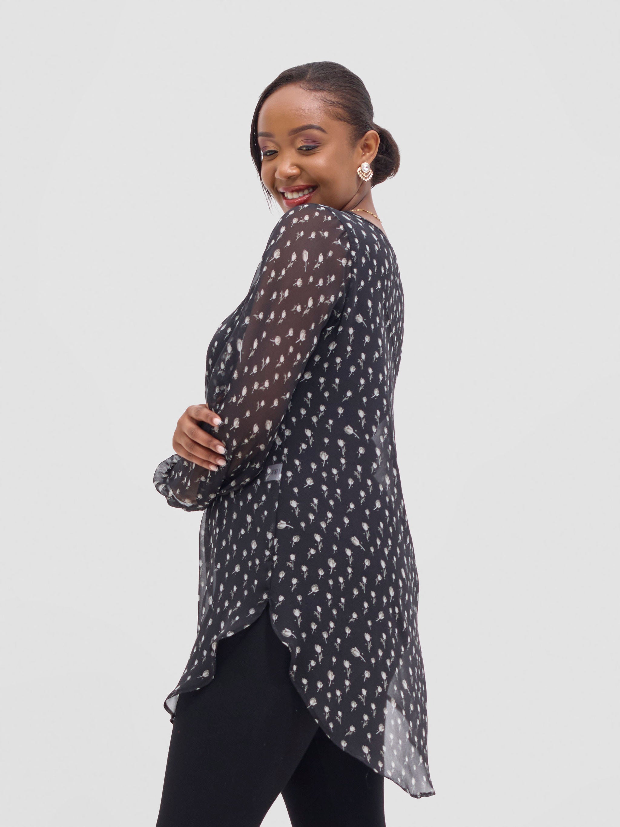 Vivo Basic Tsavo Scalloped Chiffon Top - Black / White Rosa Print