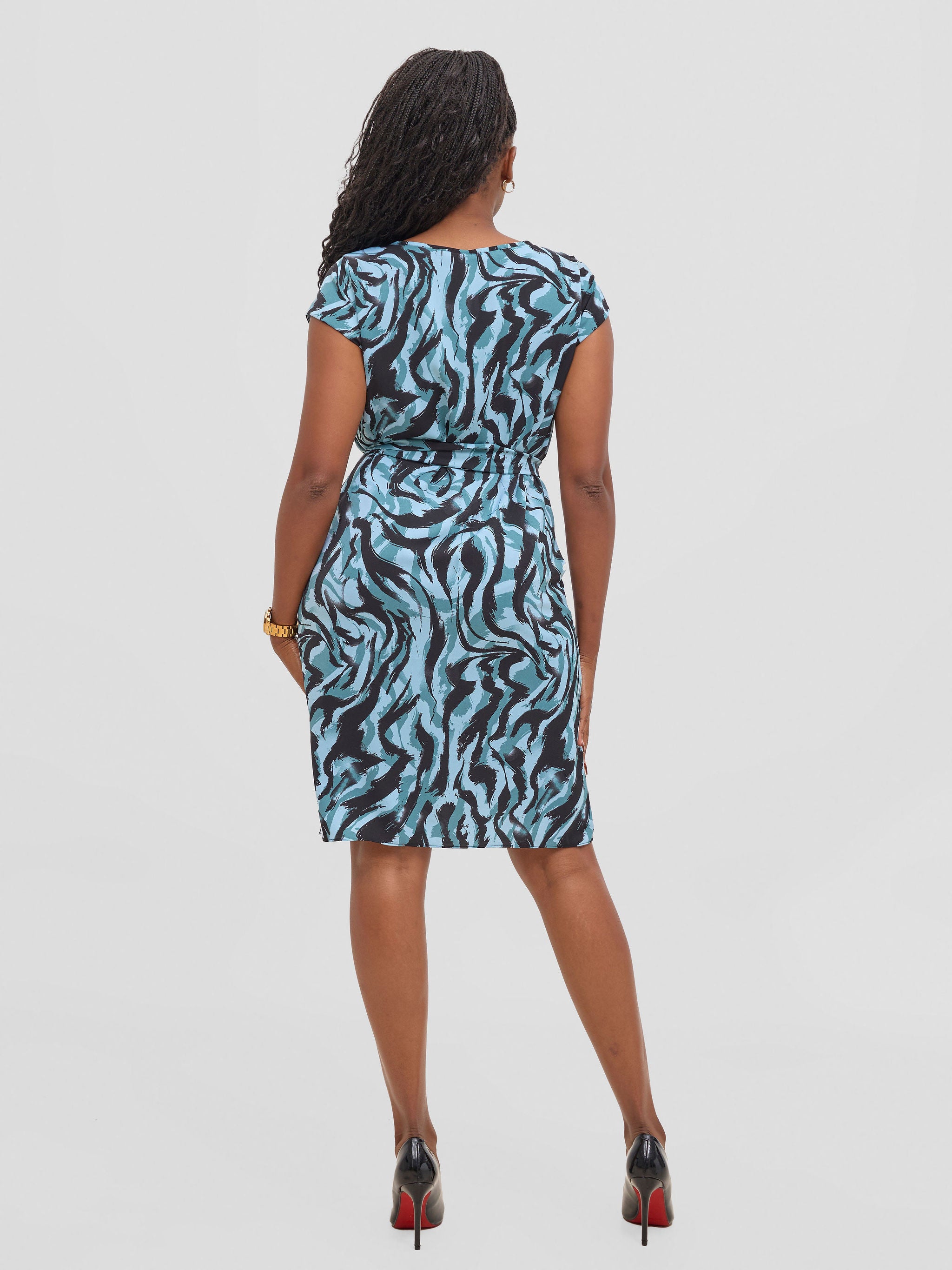 Vivo Muna Cap Sleeved Knee Length Dress - Mint / Black Print