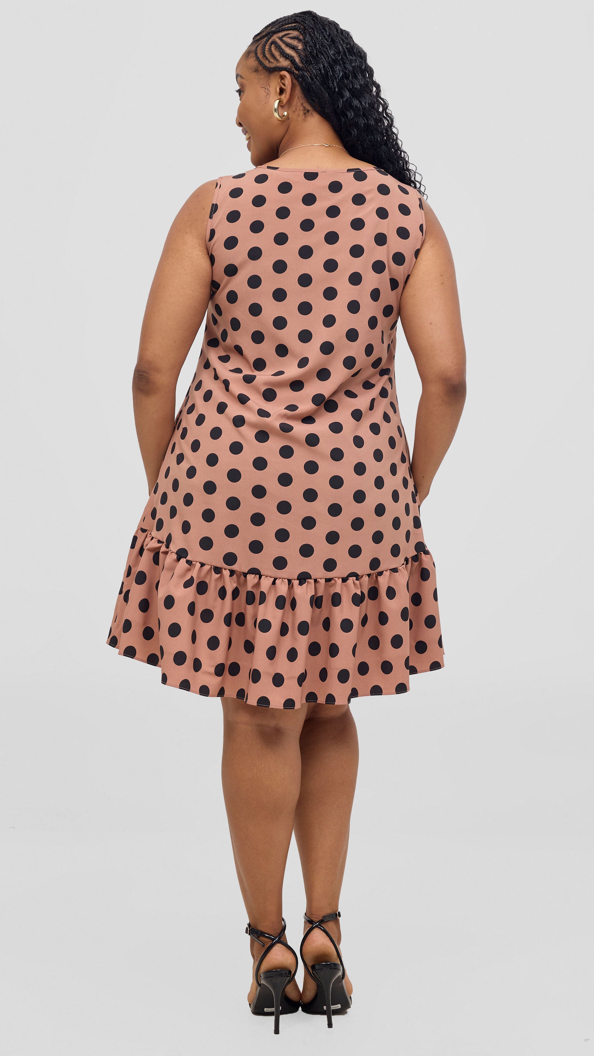 Vivo Dalia Sleeveless Gathered Tent Dress - Taupe / Black Print