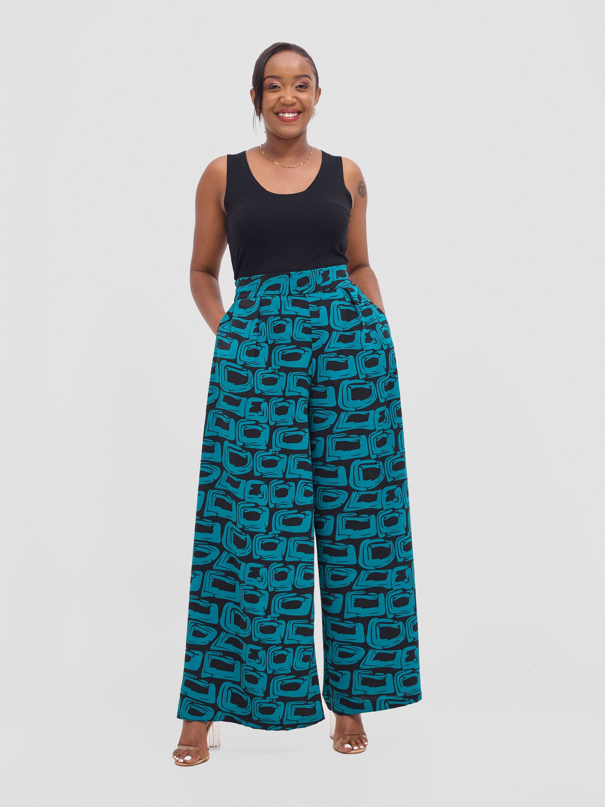 Vivo Basic Crepe Pants - Teal / Black Umbo Print