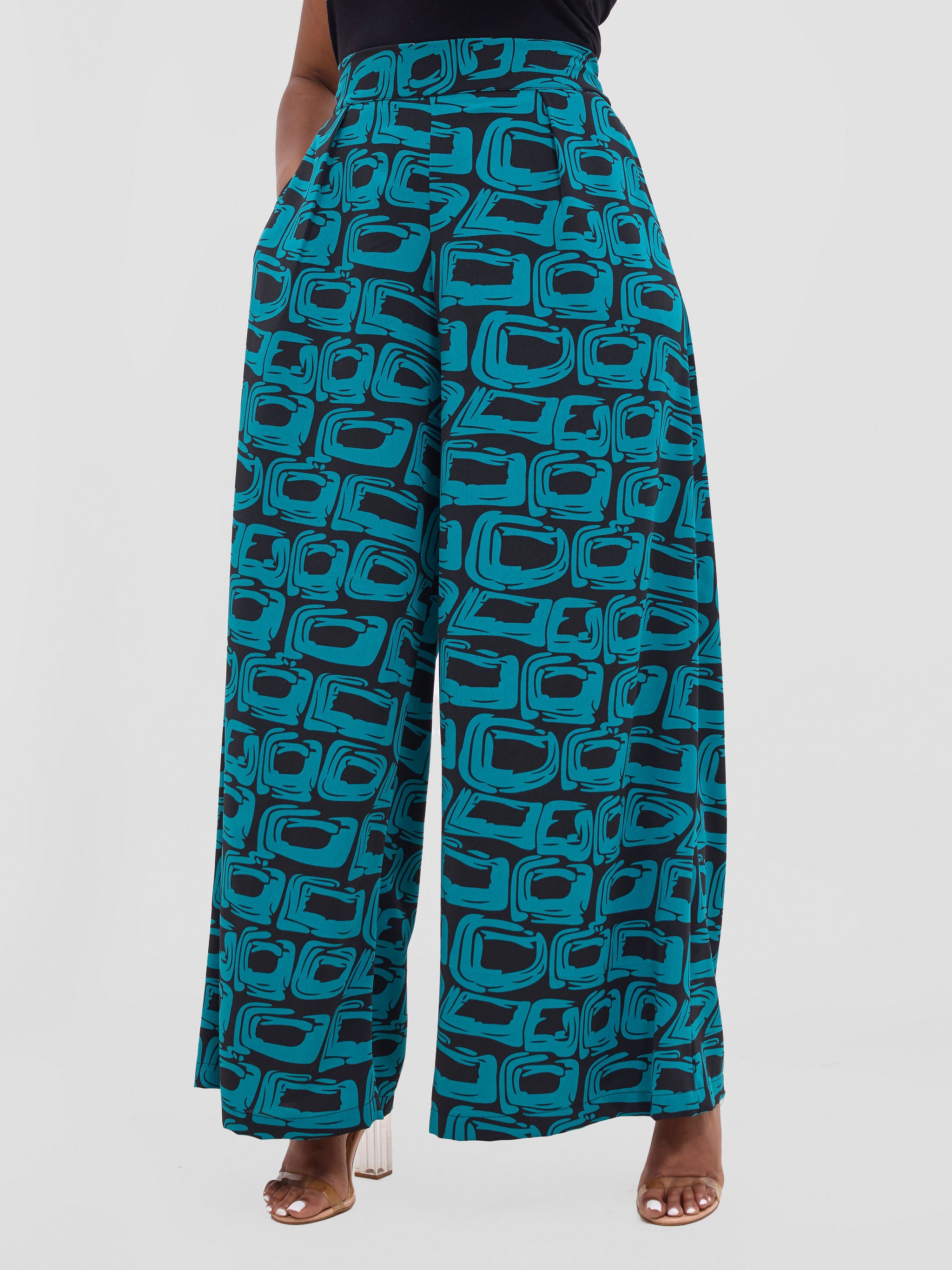 Vivo Basic Crepe Pants - Teal / Black Umbo Print