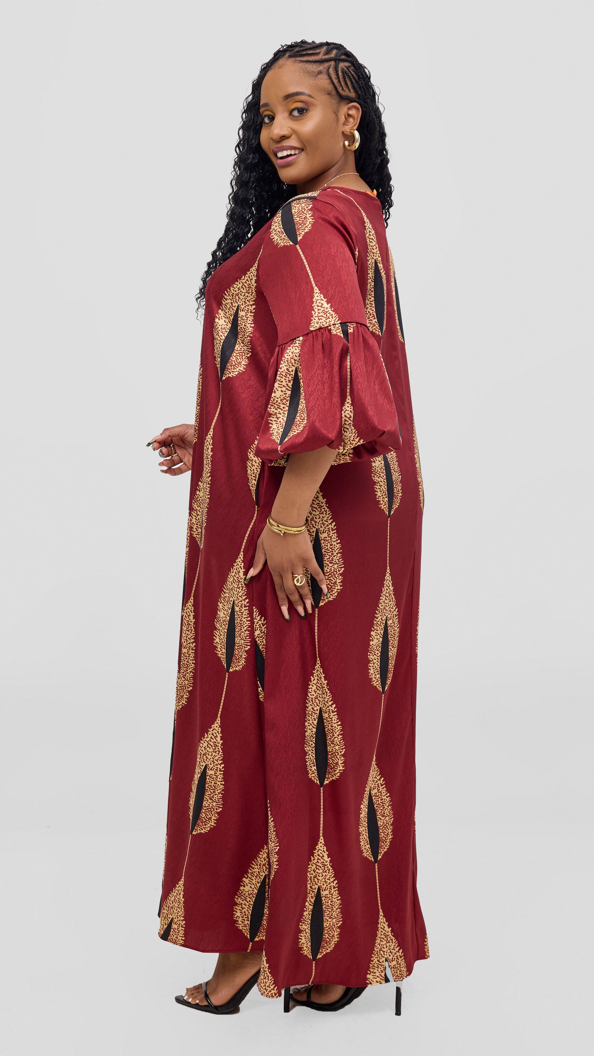 Vivo Hanabi Tent Maxi Dress - Maroon / Beige Print