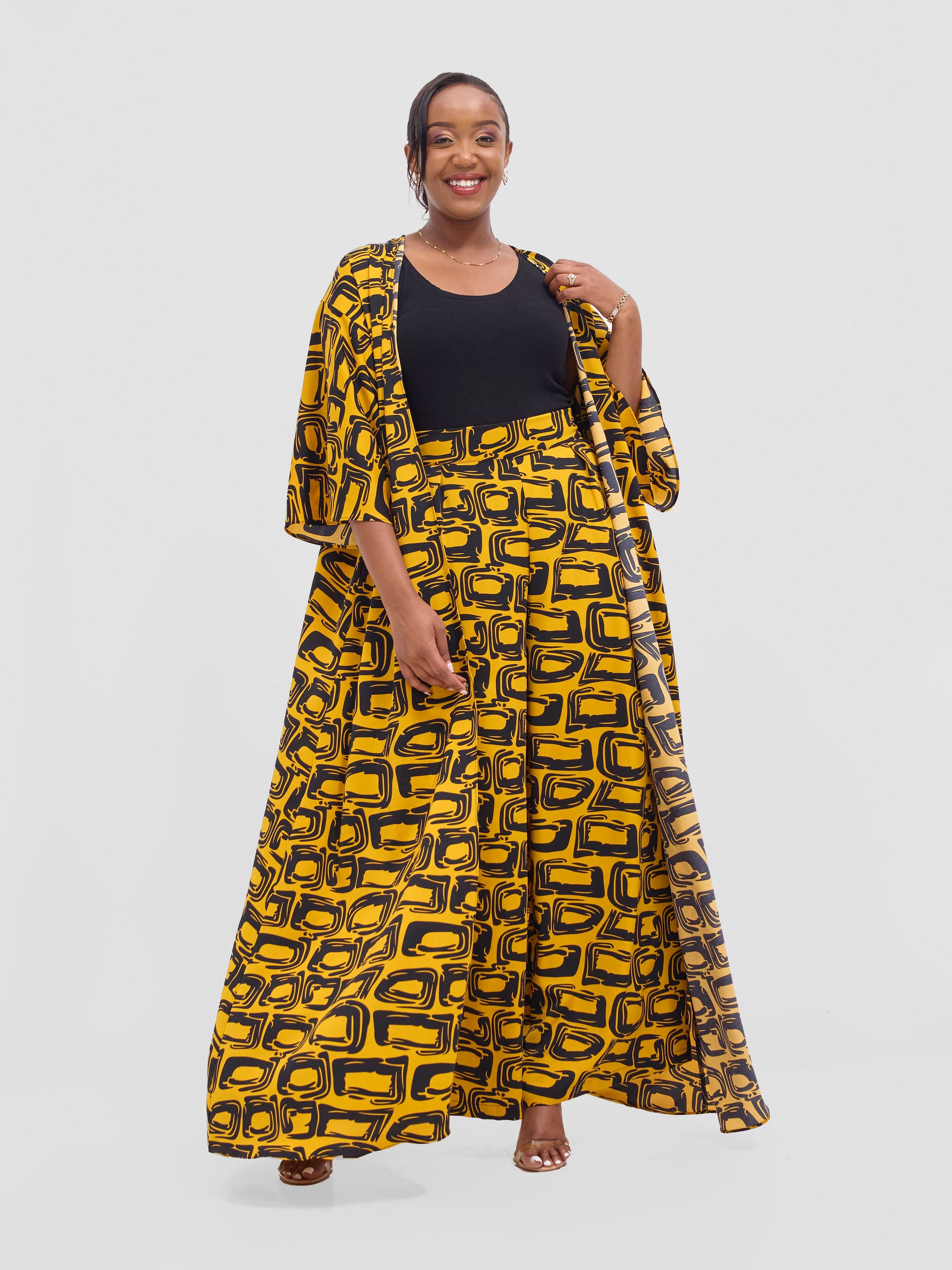 Vivo Alek 3/4 sleeve A-Line Kimono - Mustard / Black Umbo Print