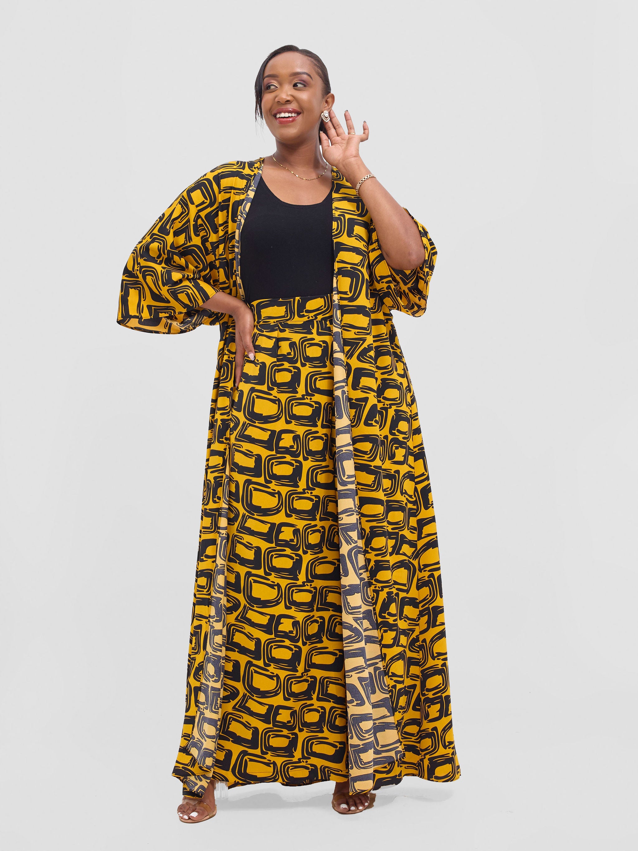 Vivo Alek 3/4 sleeve A-Line Kimono - Mustard / Black Umbo Print