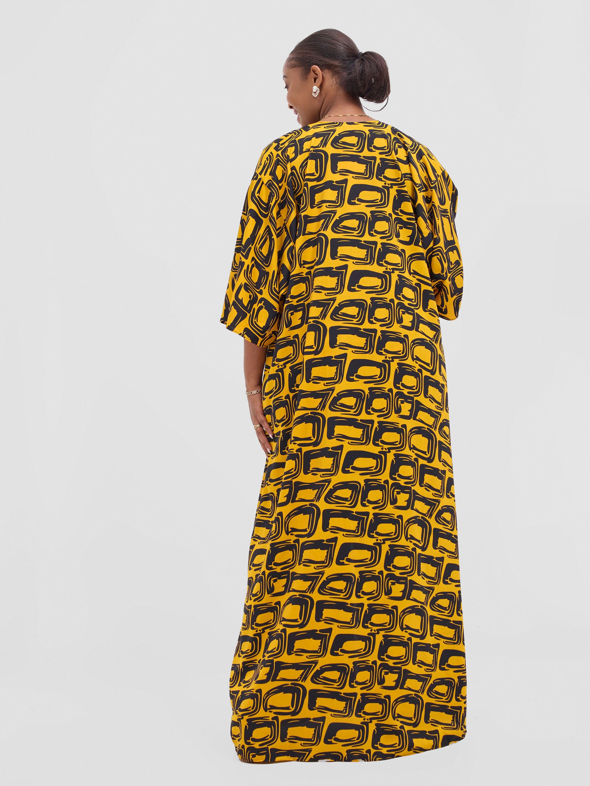 Vivo Alek 3/4 sleeve A-Line Kimono - Mustard / Black Umbo Print