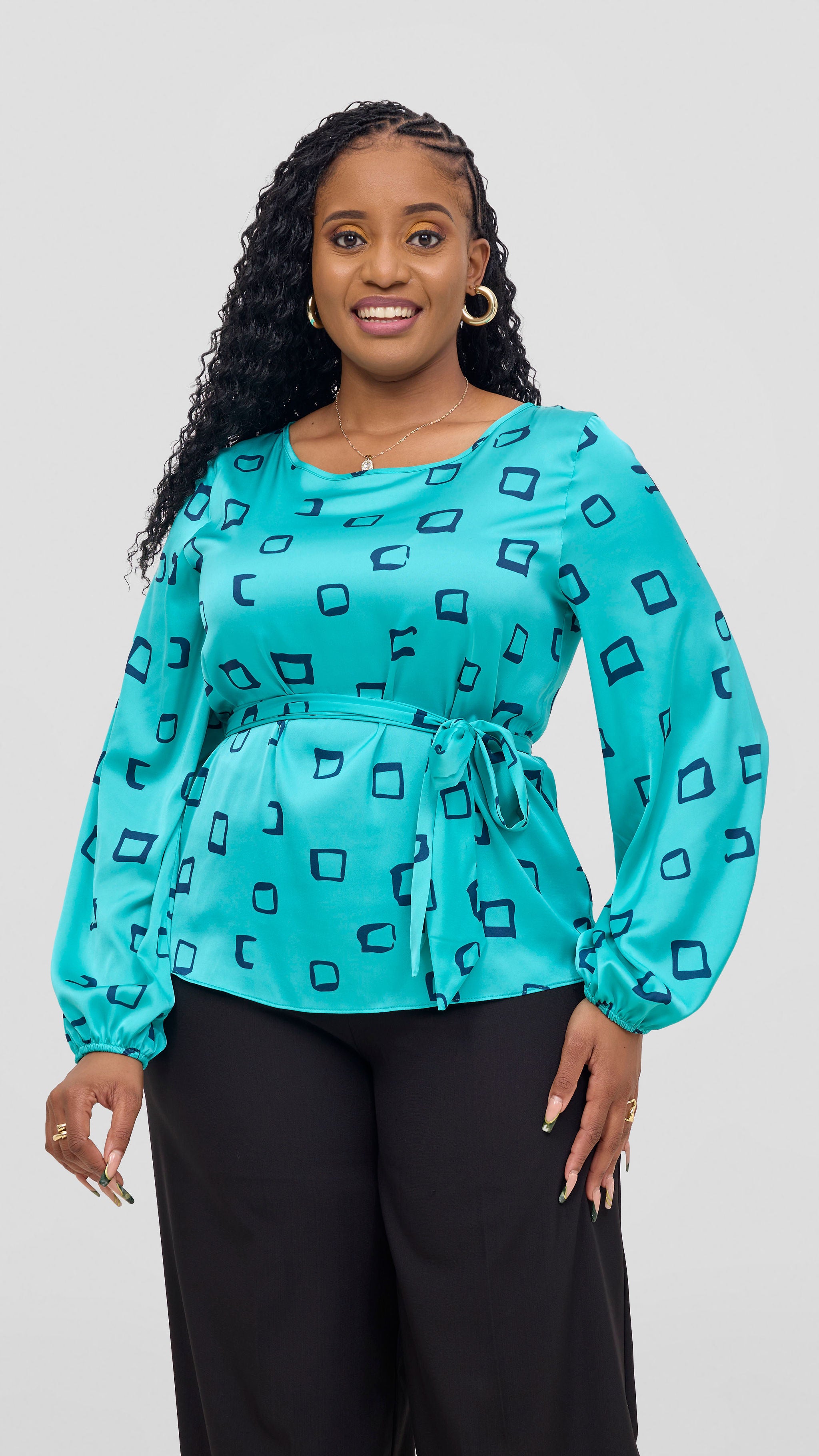 Vivo Basic Satin Bishop Sleeve Top - Sea Green / Navy Nita Print