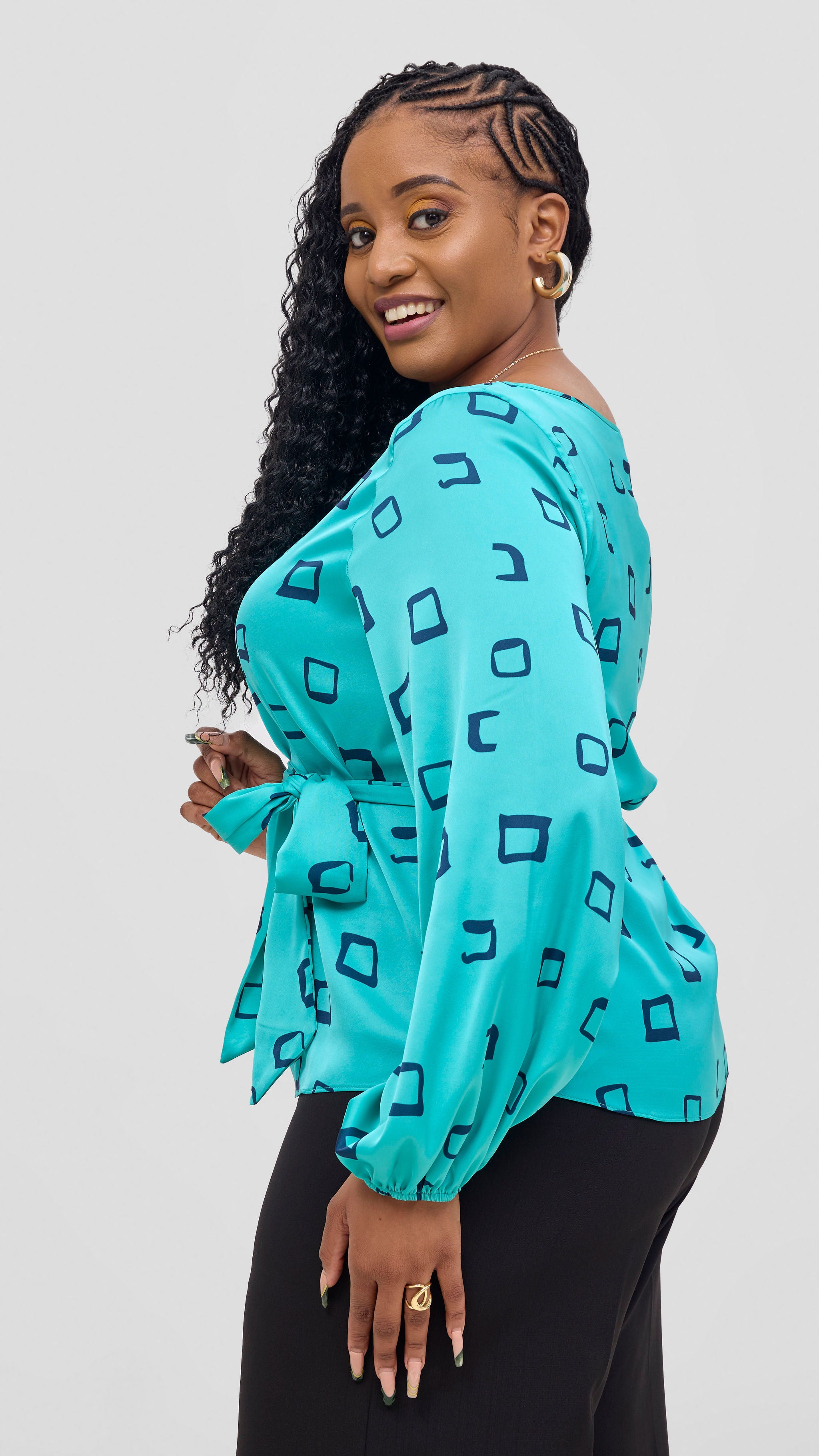 Vivo Basic Satin Bishop Sleeve Top - Sea Green / Navy Nita Print