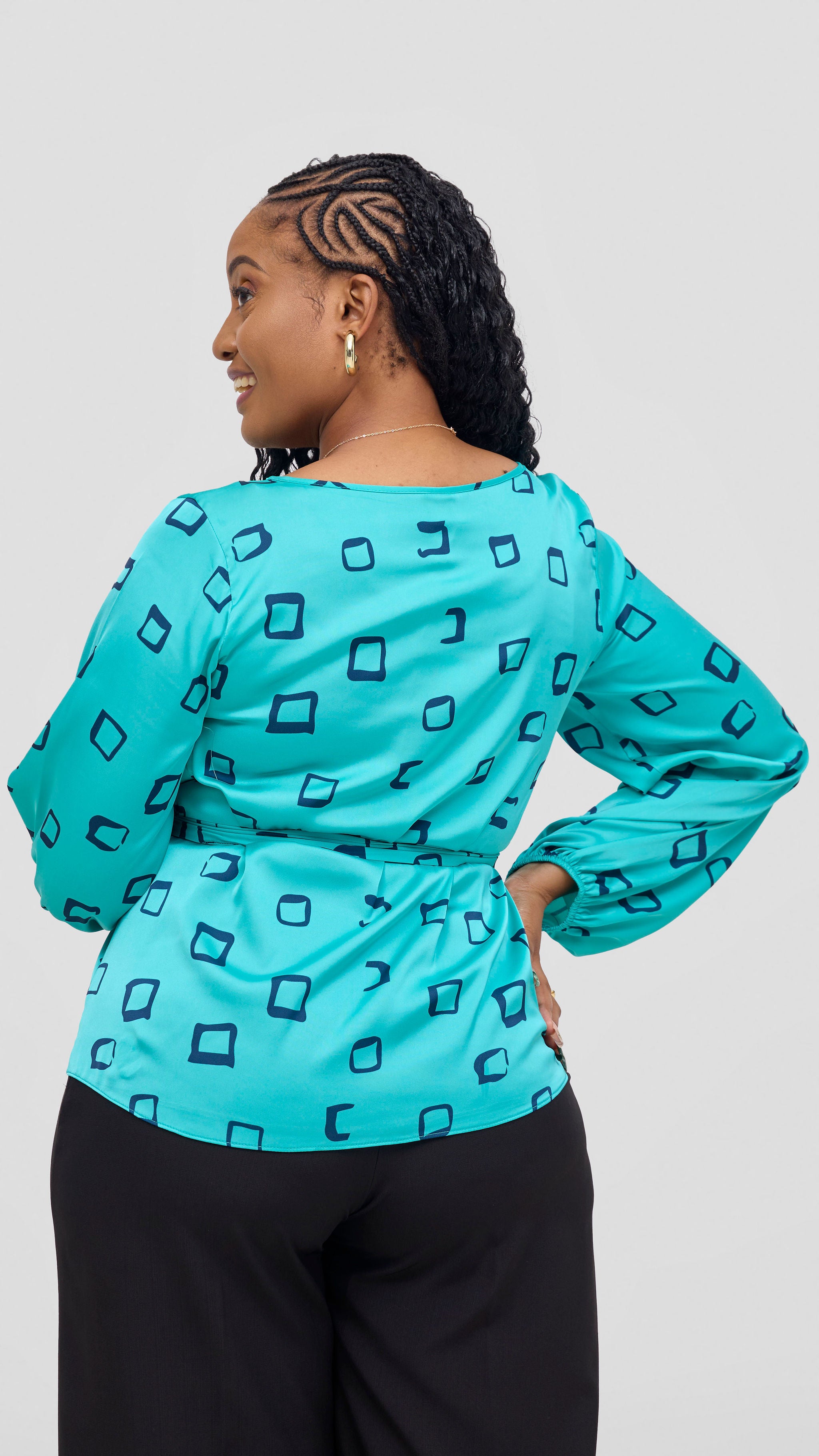 Vivo Basic Satin Bishop Sleeve Top - Sea Green / Navy Nita Print