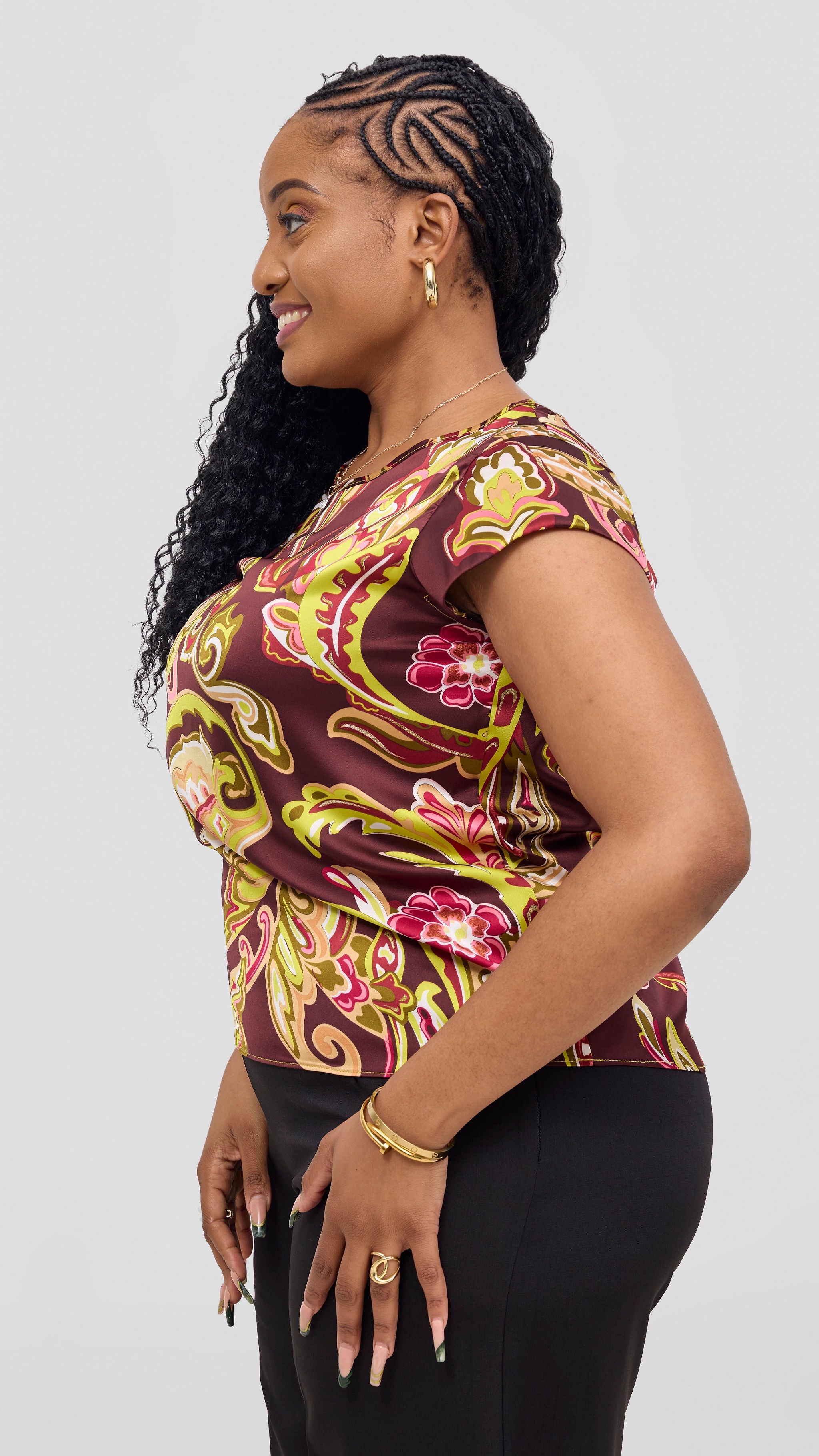 Vivo Basic Satin Cap Sleeve Top - Burgundy / Tan Print