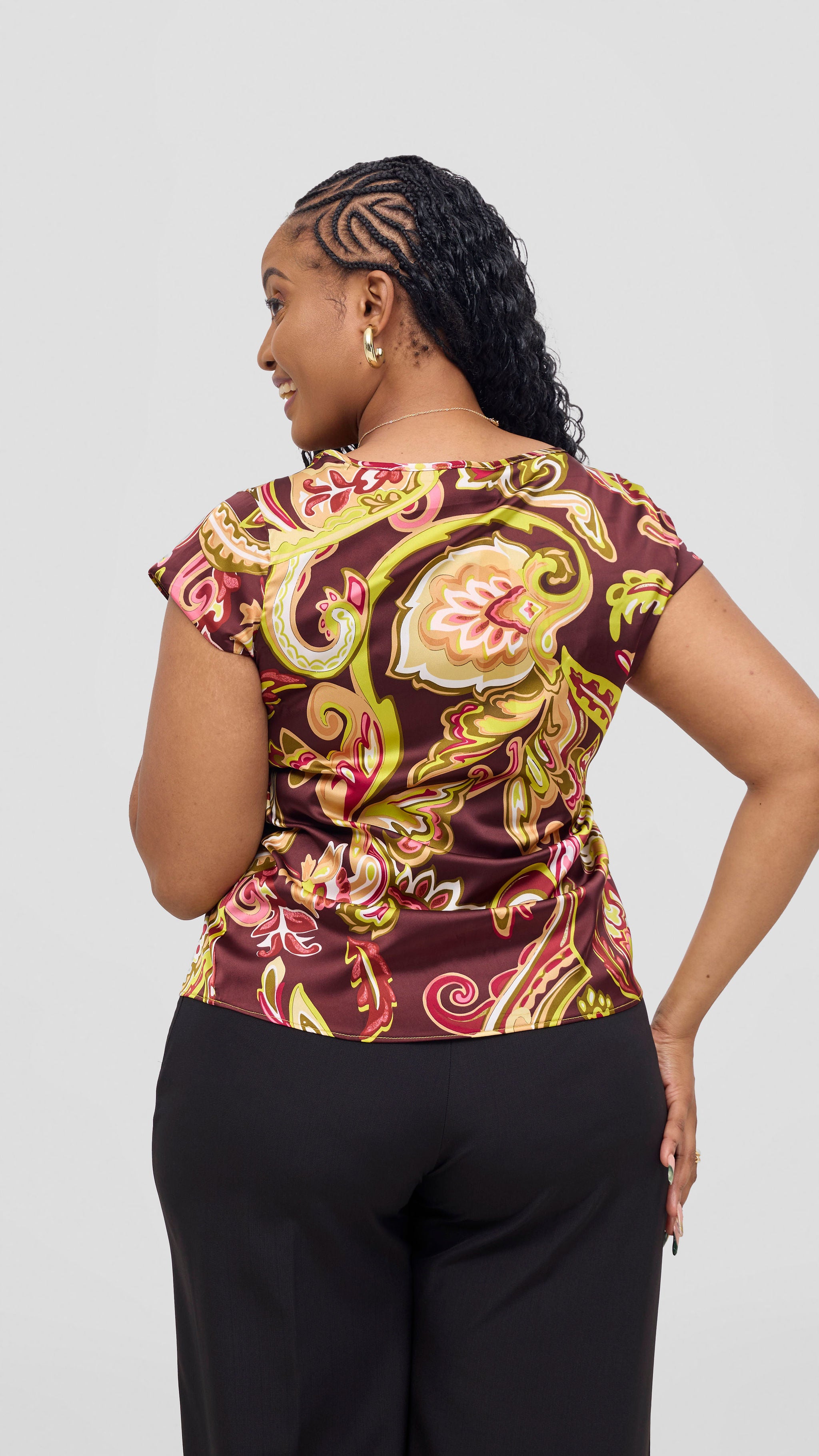 Vivo Basic Satin Cap Sleeve Top - Burgundy / Tan Print