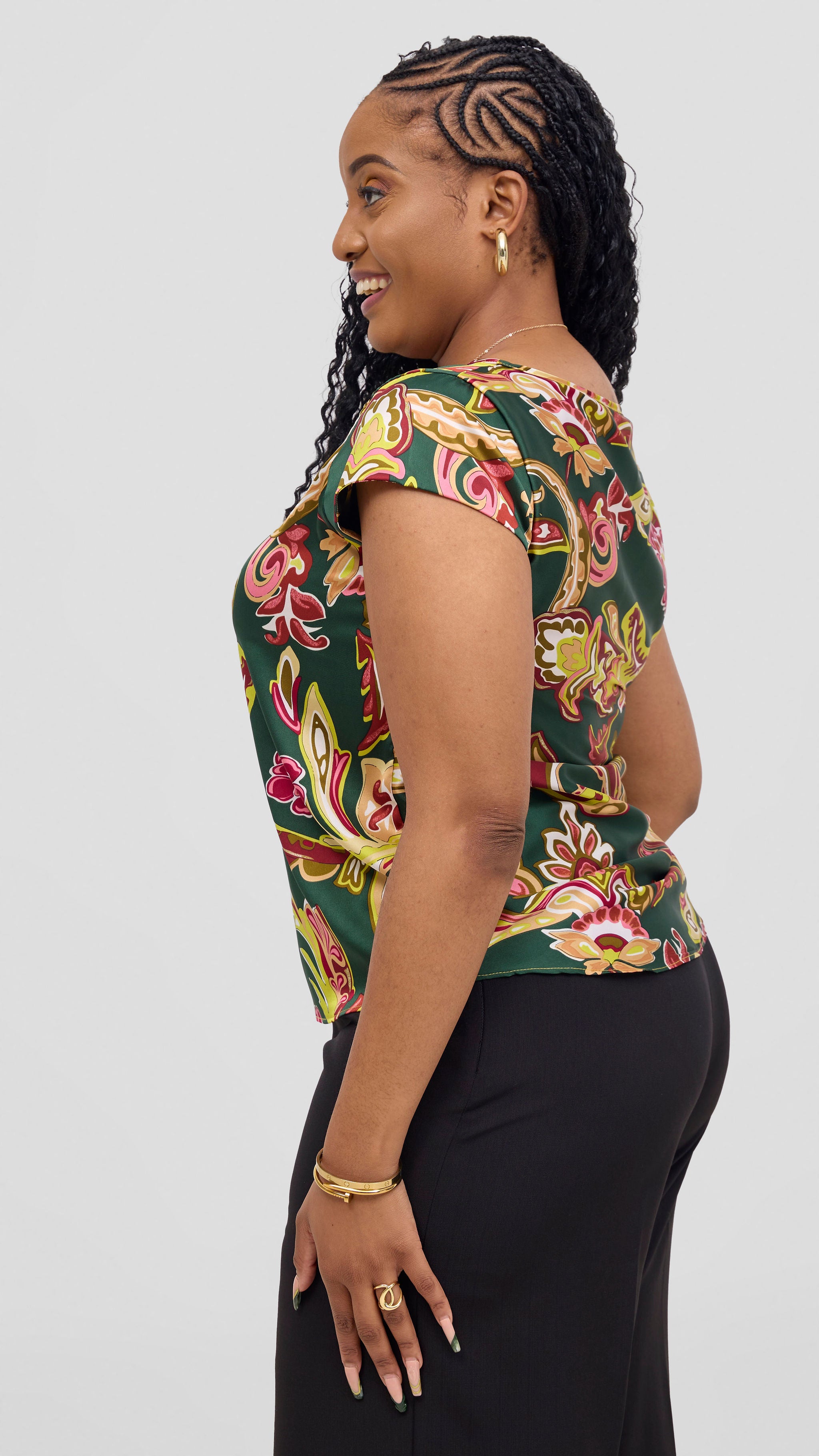Vivo Basic Satin Cap Sleeve Top - Dark Green / Hunters Print