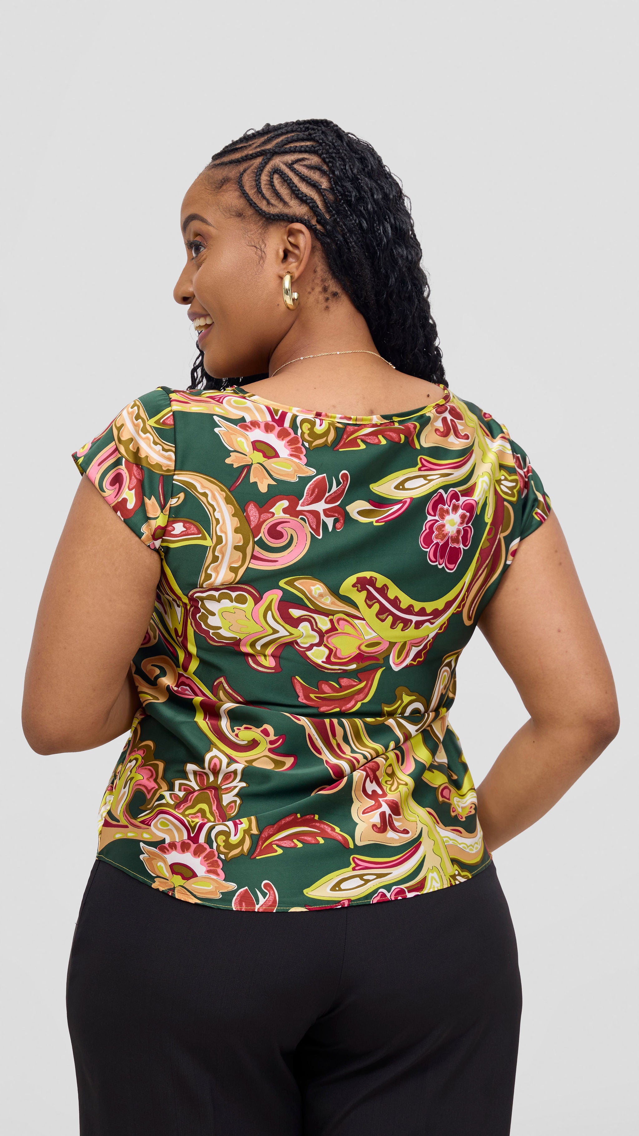 Vivo Basic Satin Cap Sleeve Top - Dark Green / Hunters Print