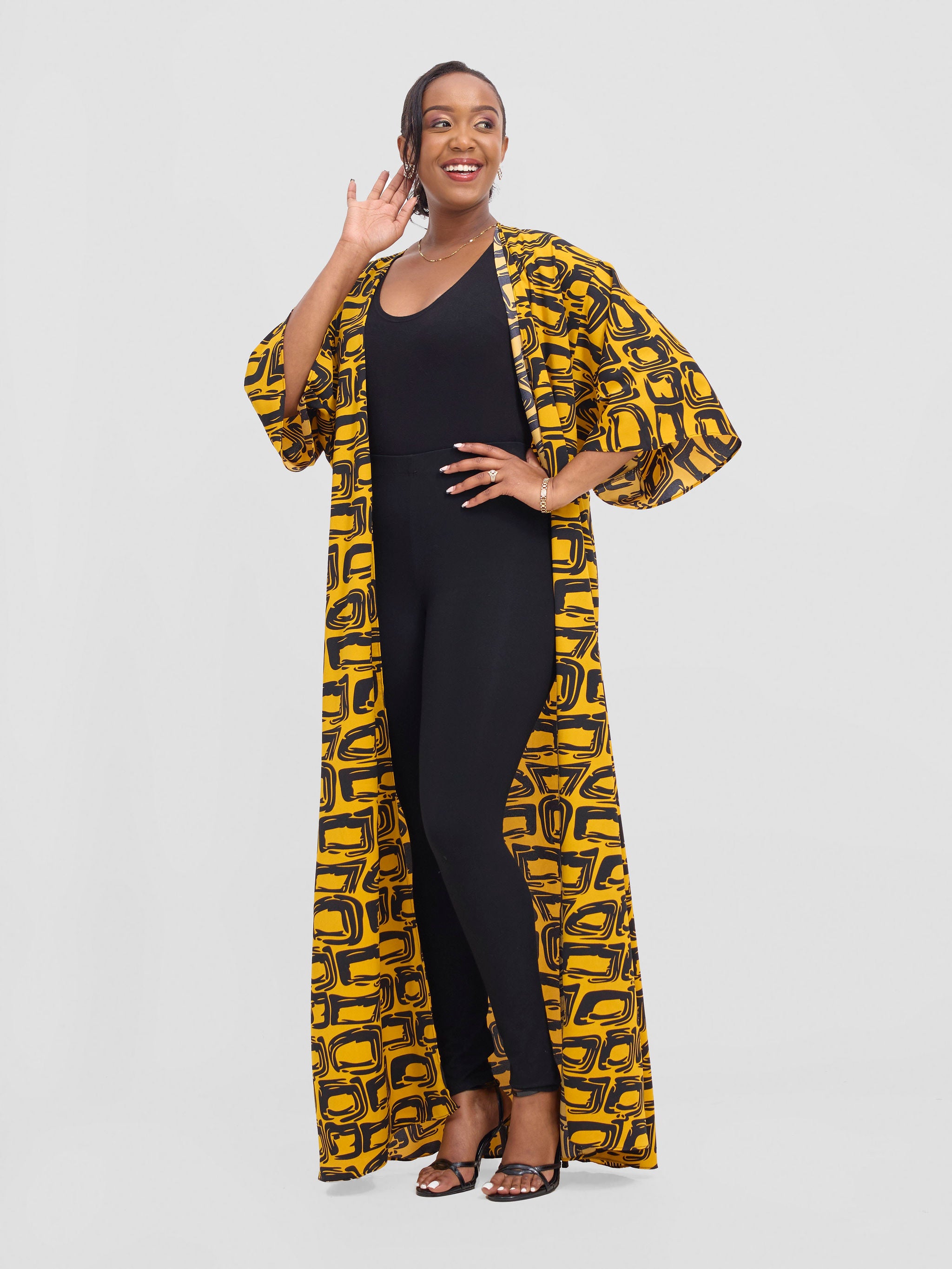 Vivo Alek 3/4 sleeve A-Line Kimono - Mustard / Black Umbo Print