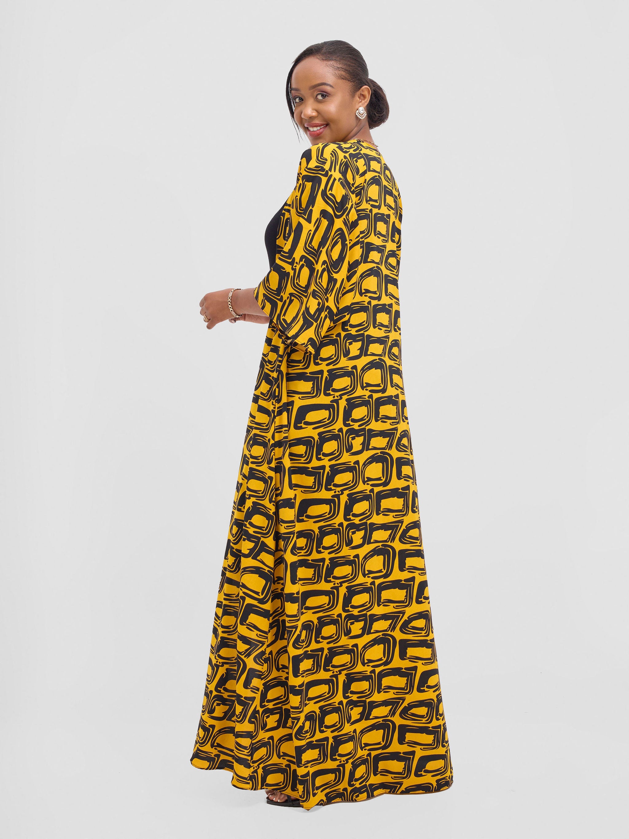 Vivo Alek 3/4 sleeve A-Line Kimono - Mustard / Black Umbo Print