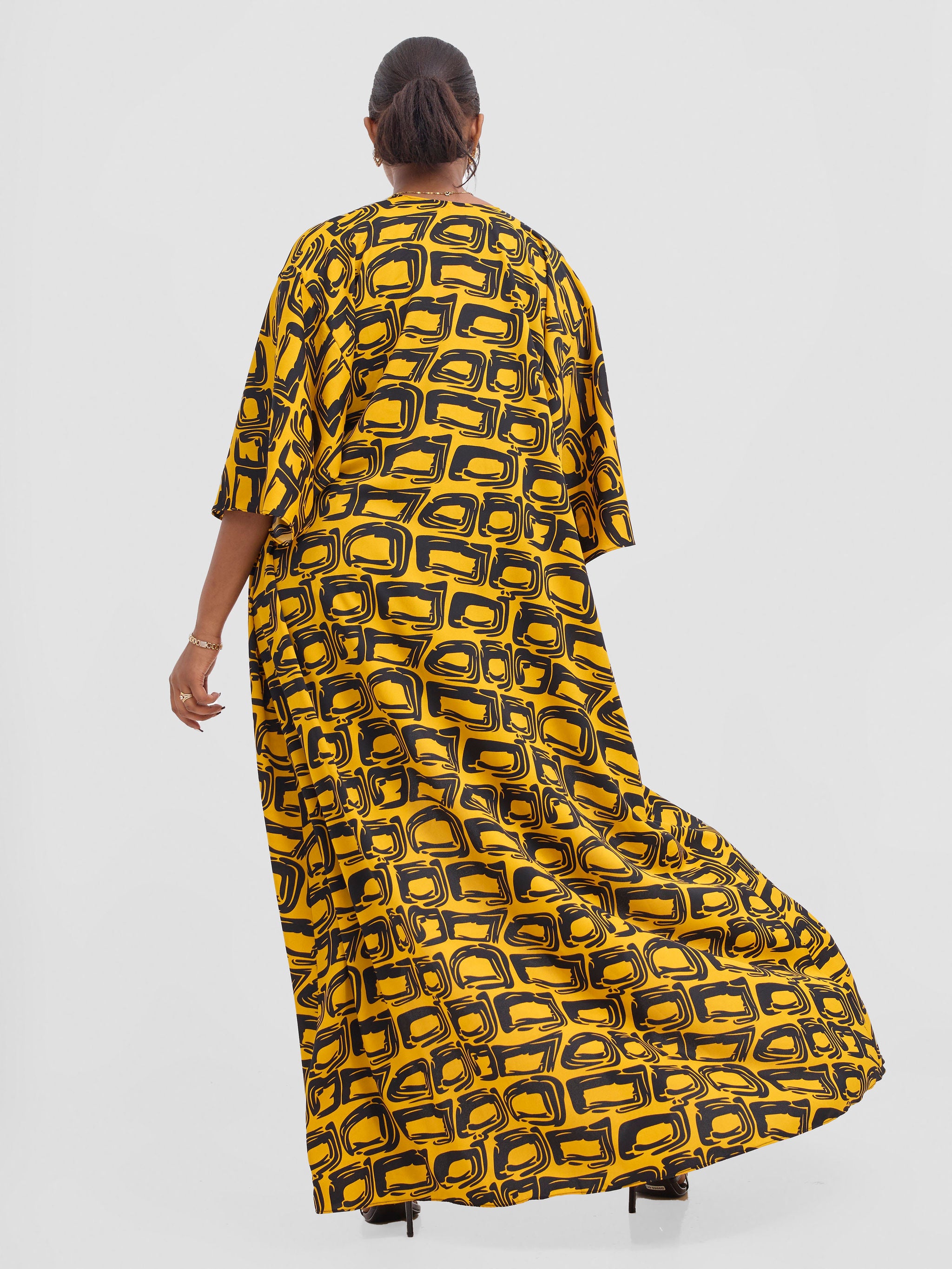 Vivo Alek 3/4 sleeve A-Line Kimono - Mustard / Black Umbo Print