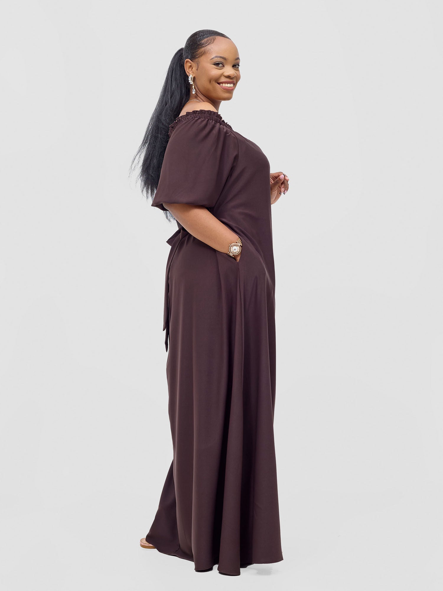 Vivo Ayla Bubble Sleeve Maxi Dress - Brown