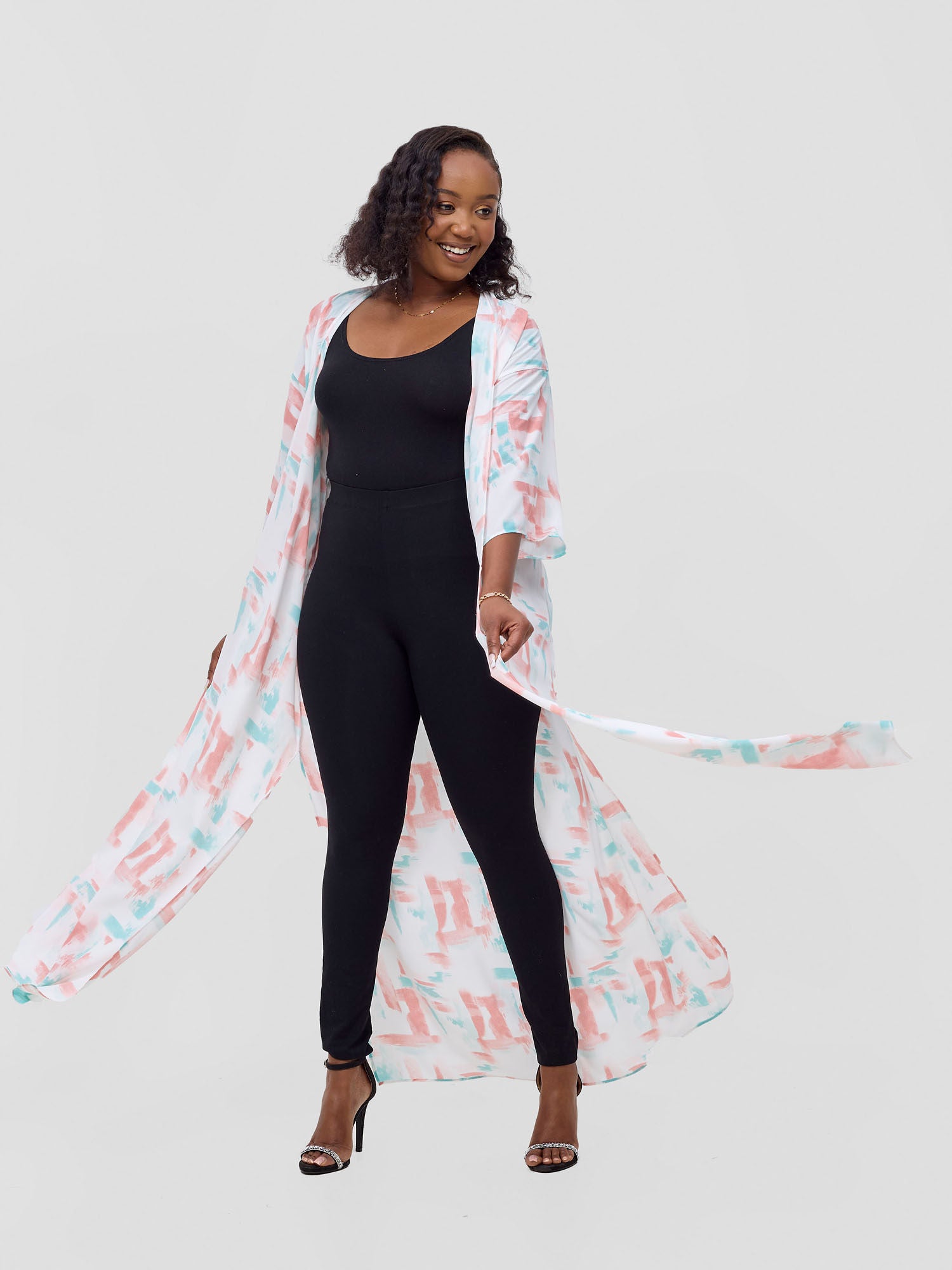 Vivo Basic Nandi A-Line Kimono - Coral / Green Esti Print