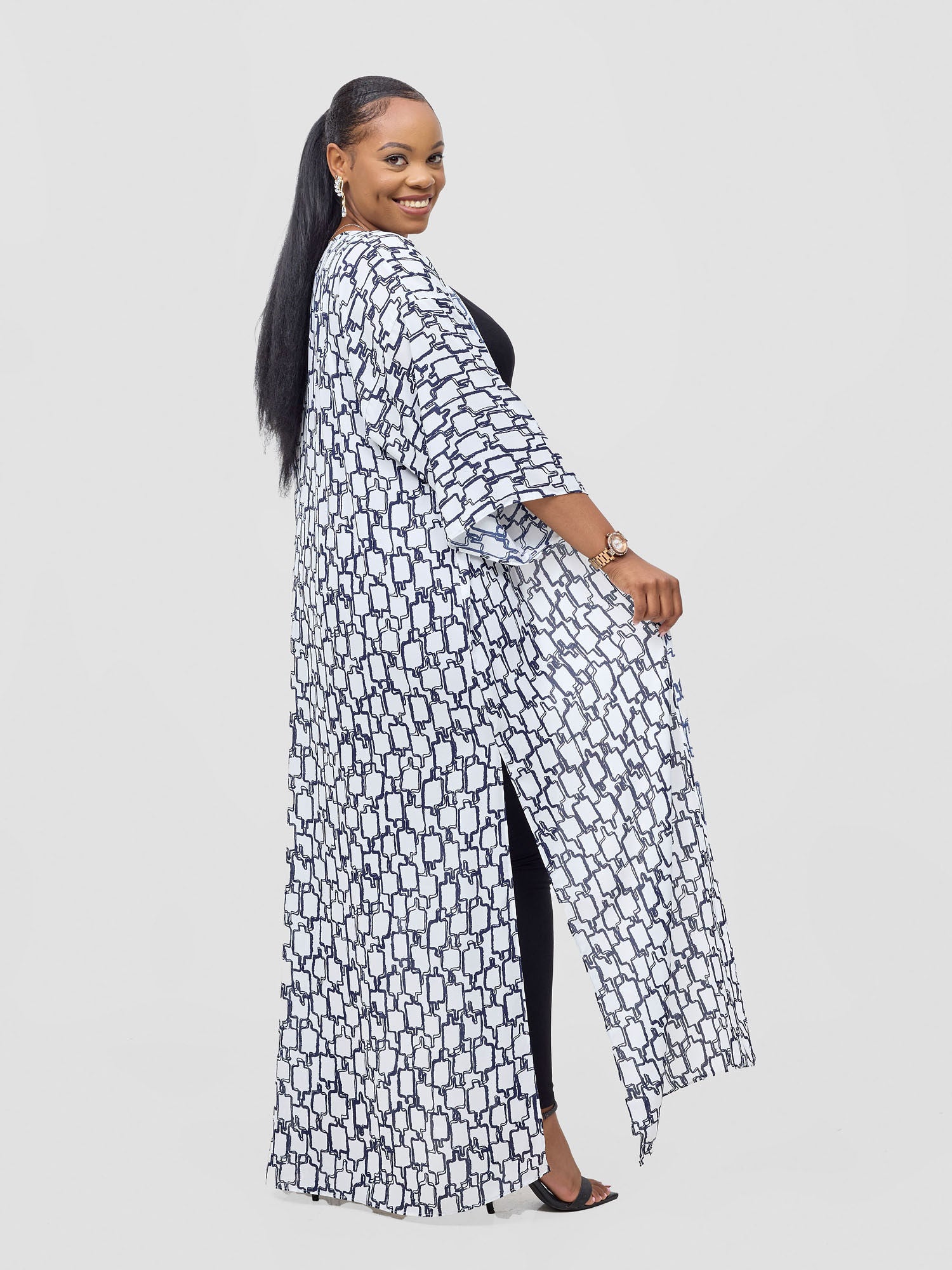 Vivo Basic Nandi A-Line Kimono - White / Navy Kito Print