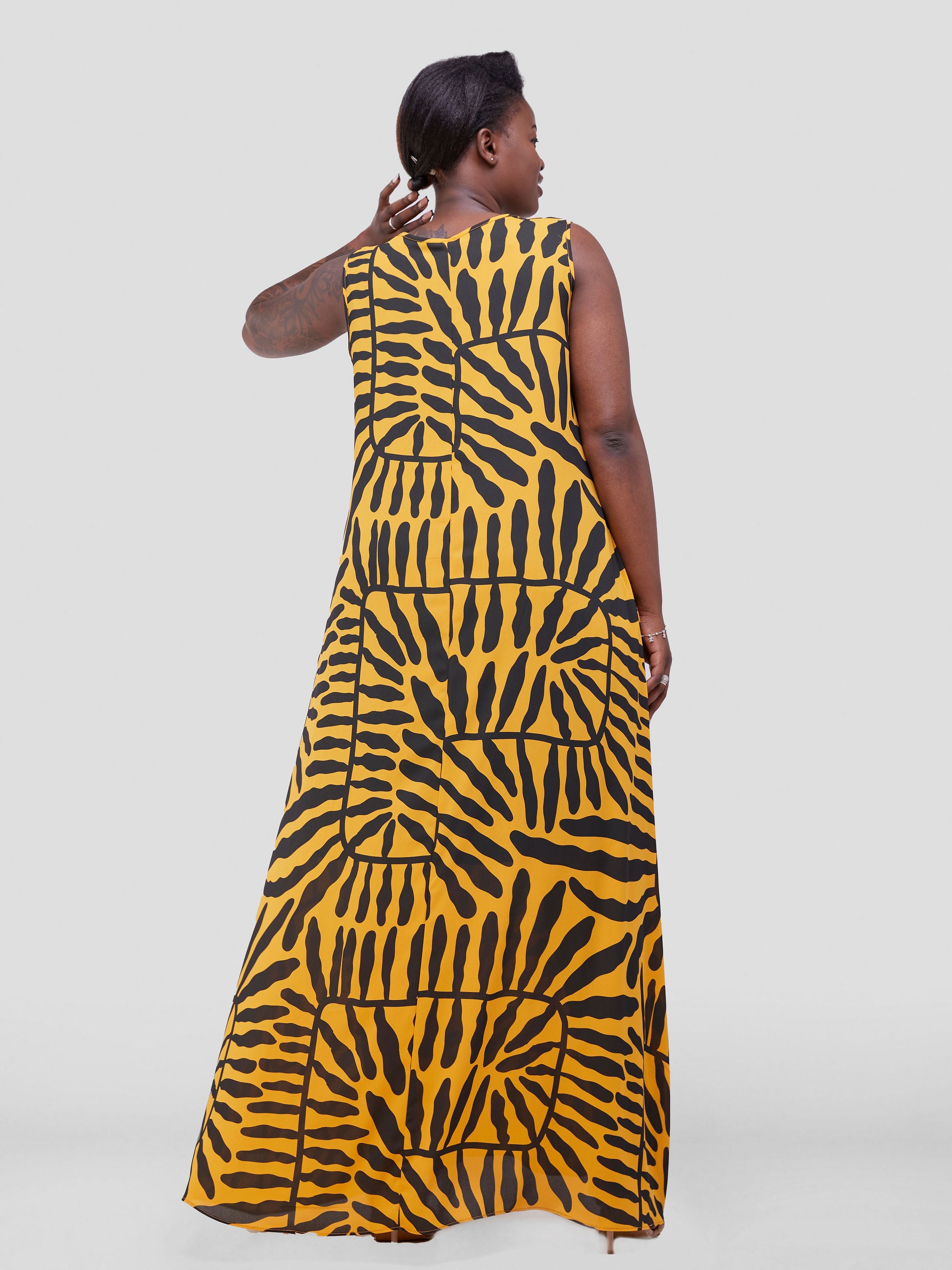Vivo Basic Sleeveless Tent Maxi Dress - Yellow / Black Abstract Print