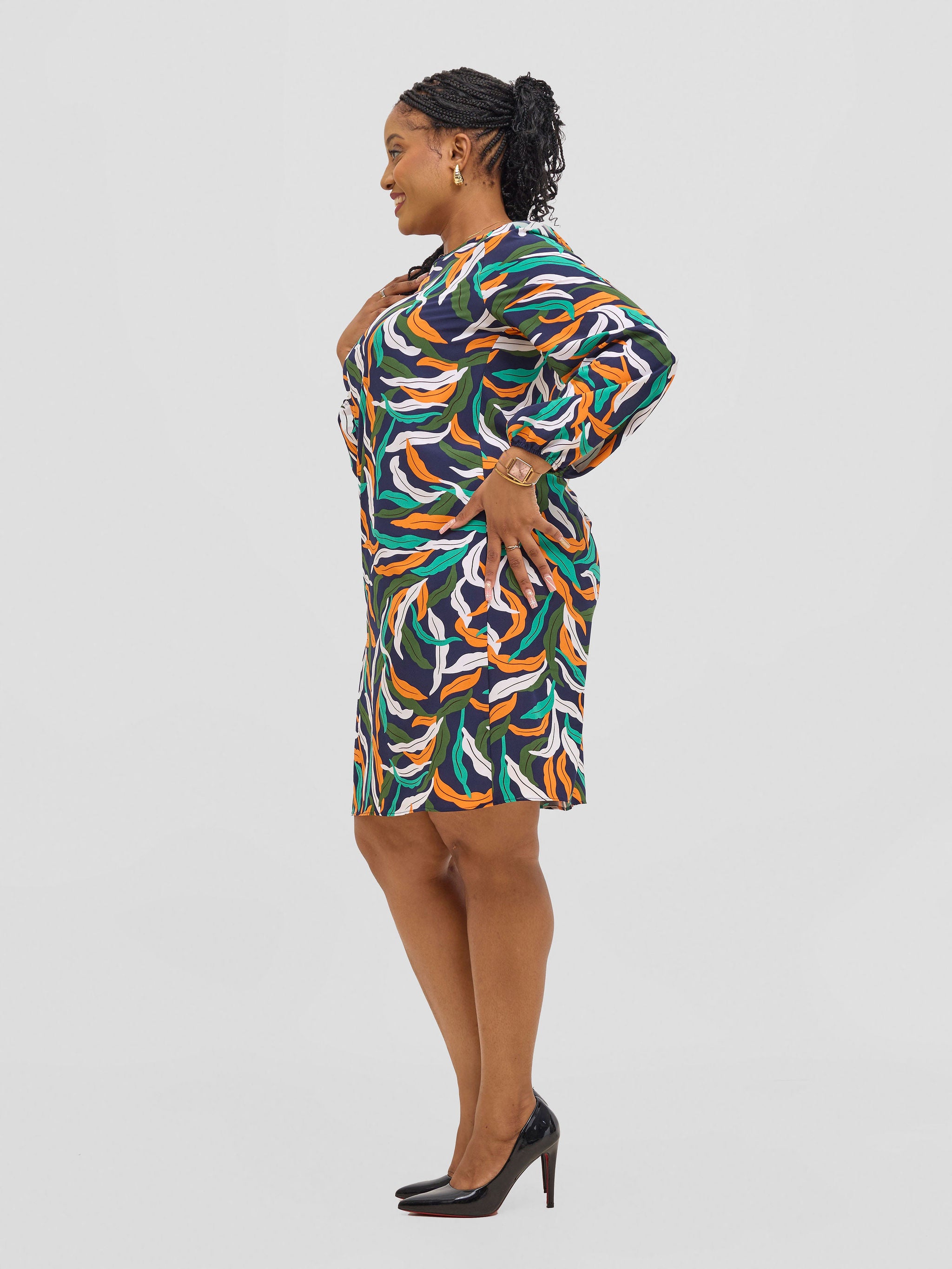 Vivo Jasiri Bishop Sleeve Shift Dress - Navy / Orange  Tiwi Print