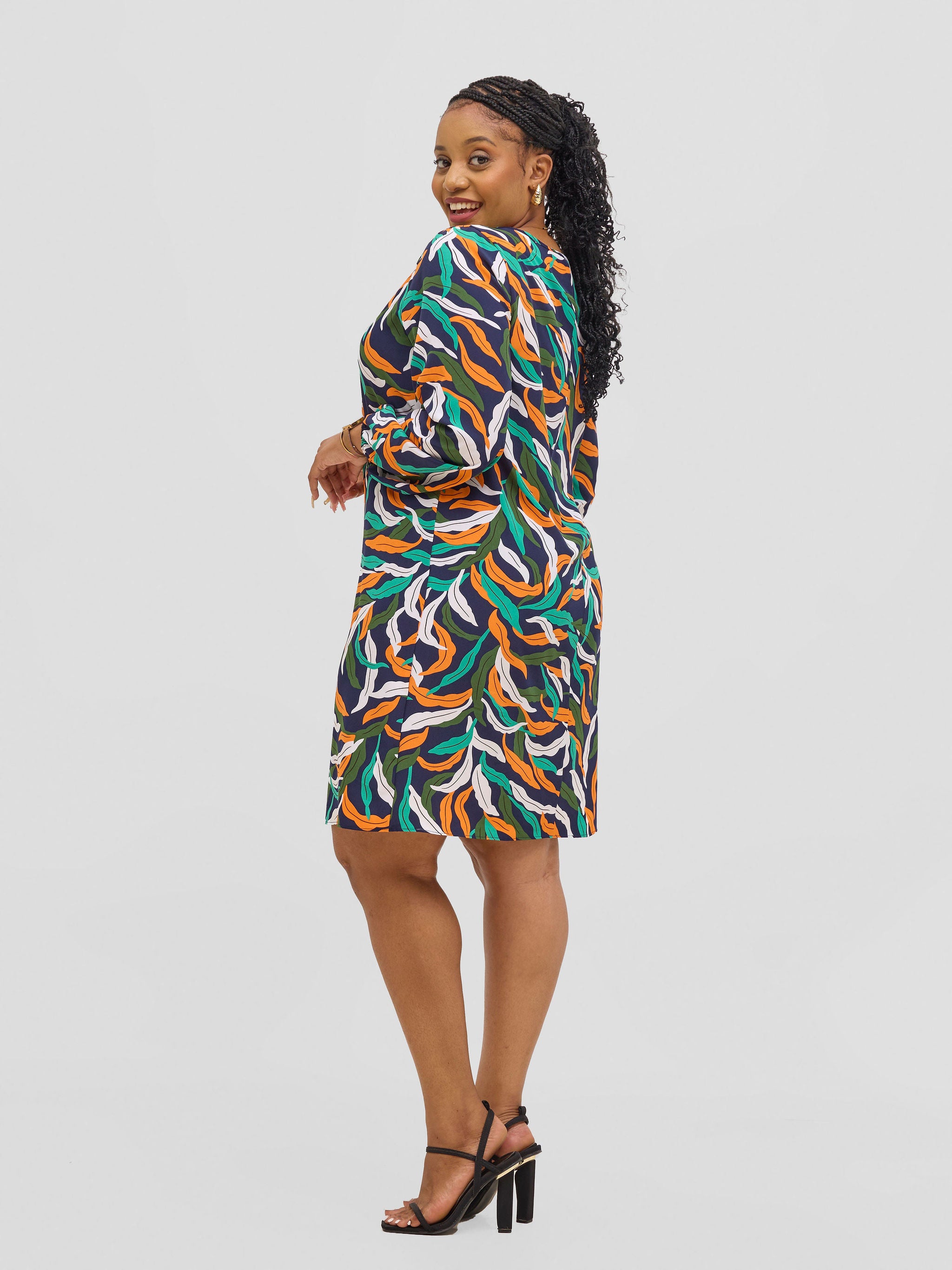 Vivo Jasiri Bishop Sleeve Shift Dress - Navy / Orange  Tiwi Print