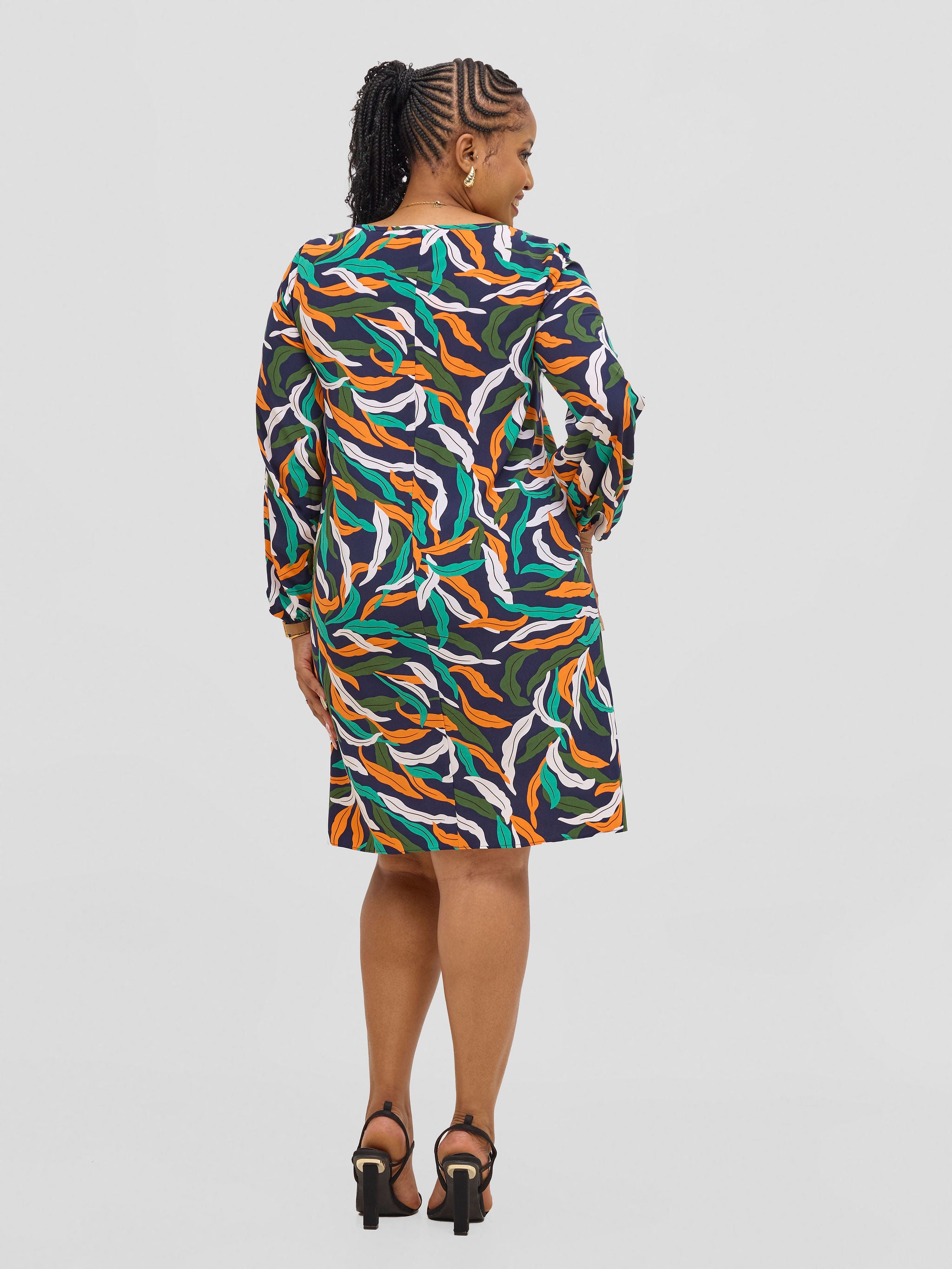 Vivo Jasiri Bishop Sleeve Shift Dress - Navy / Orange  Tiwi Print