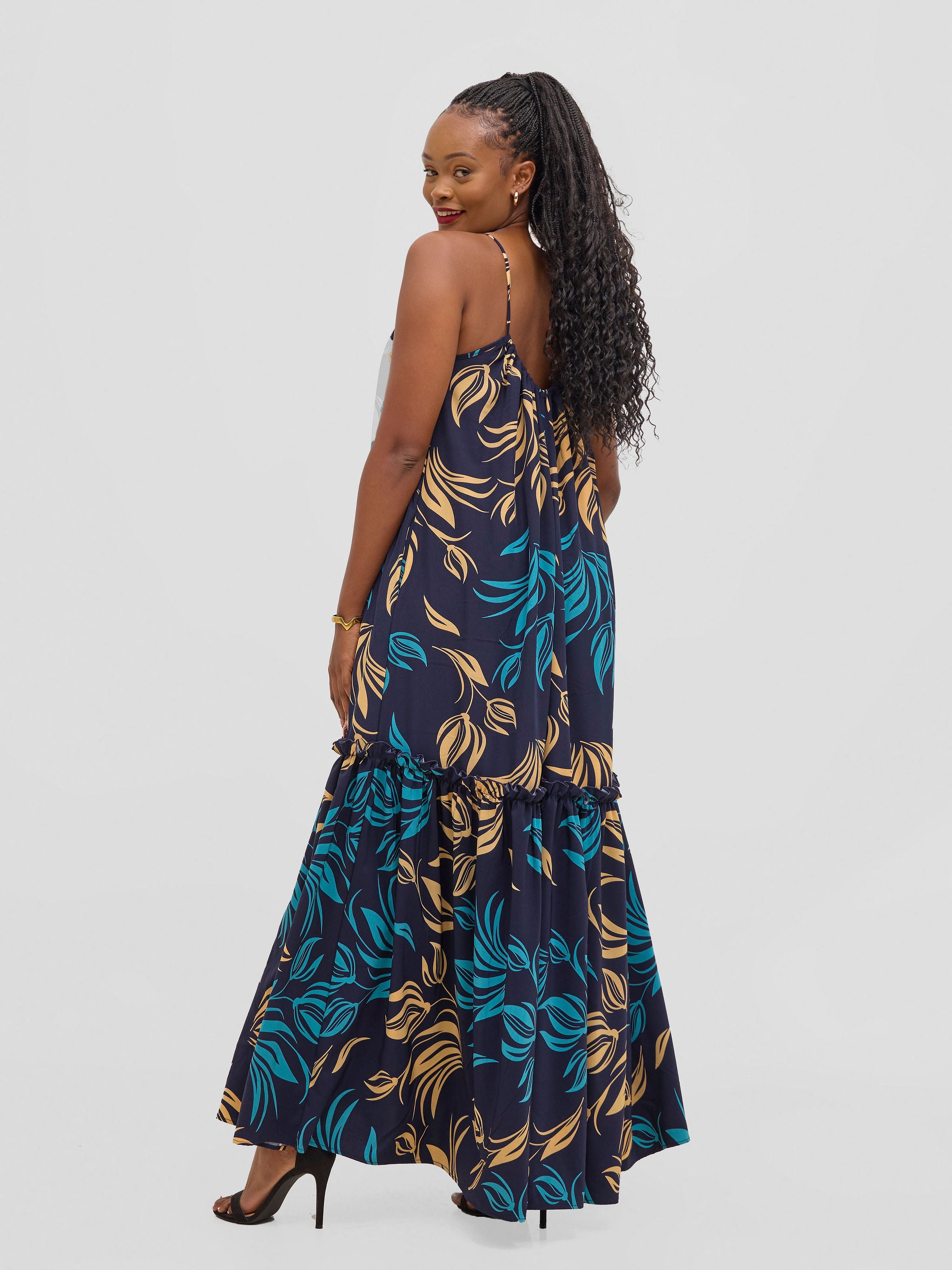 Vivo Sarabi Strappy Flounce Maxi Dress - Black / Teal Print