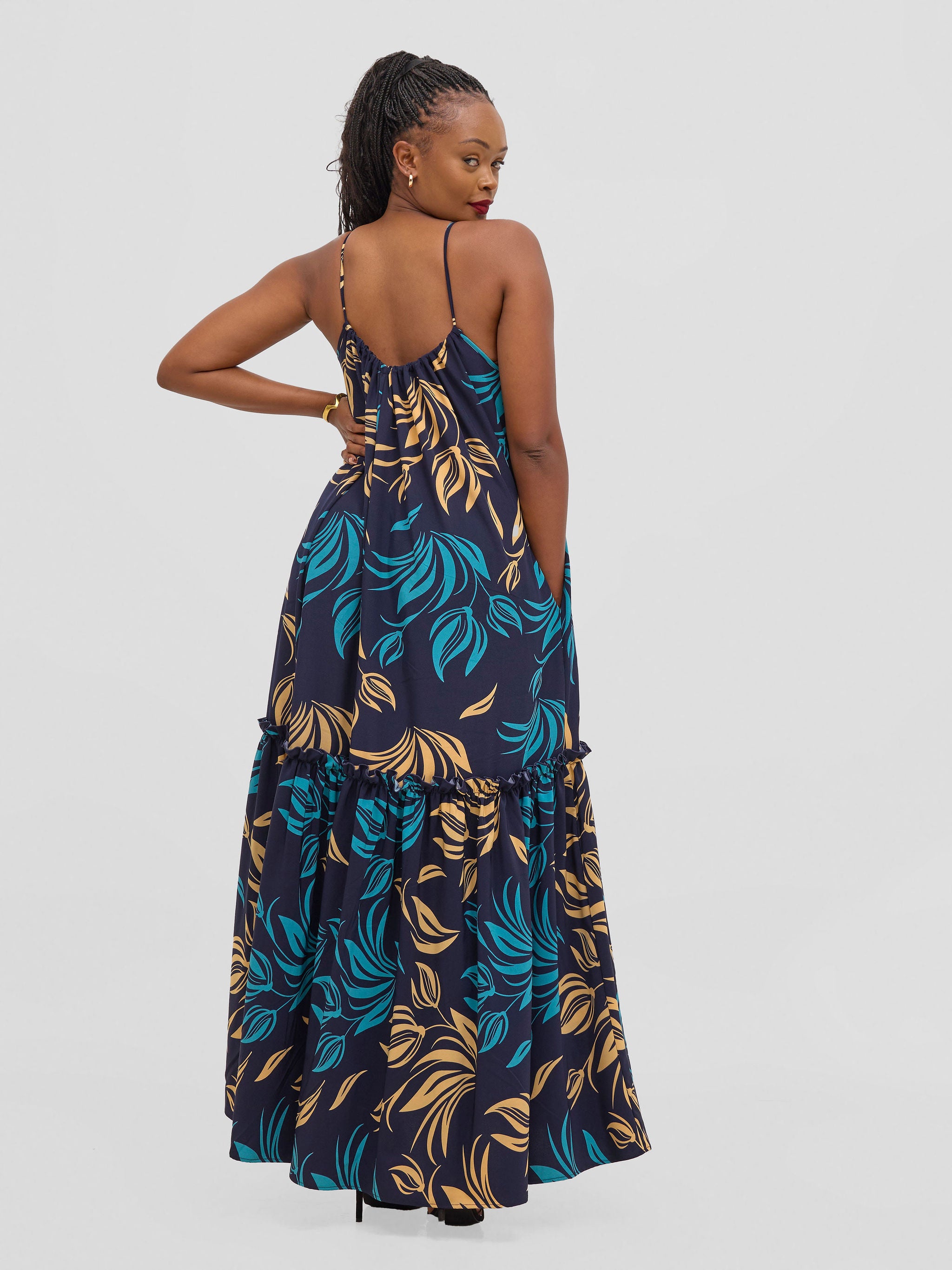 Vivo Sarabi Strappy Flounce Maxi Dress - Black / Teal Print