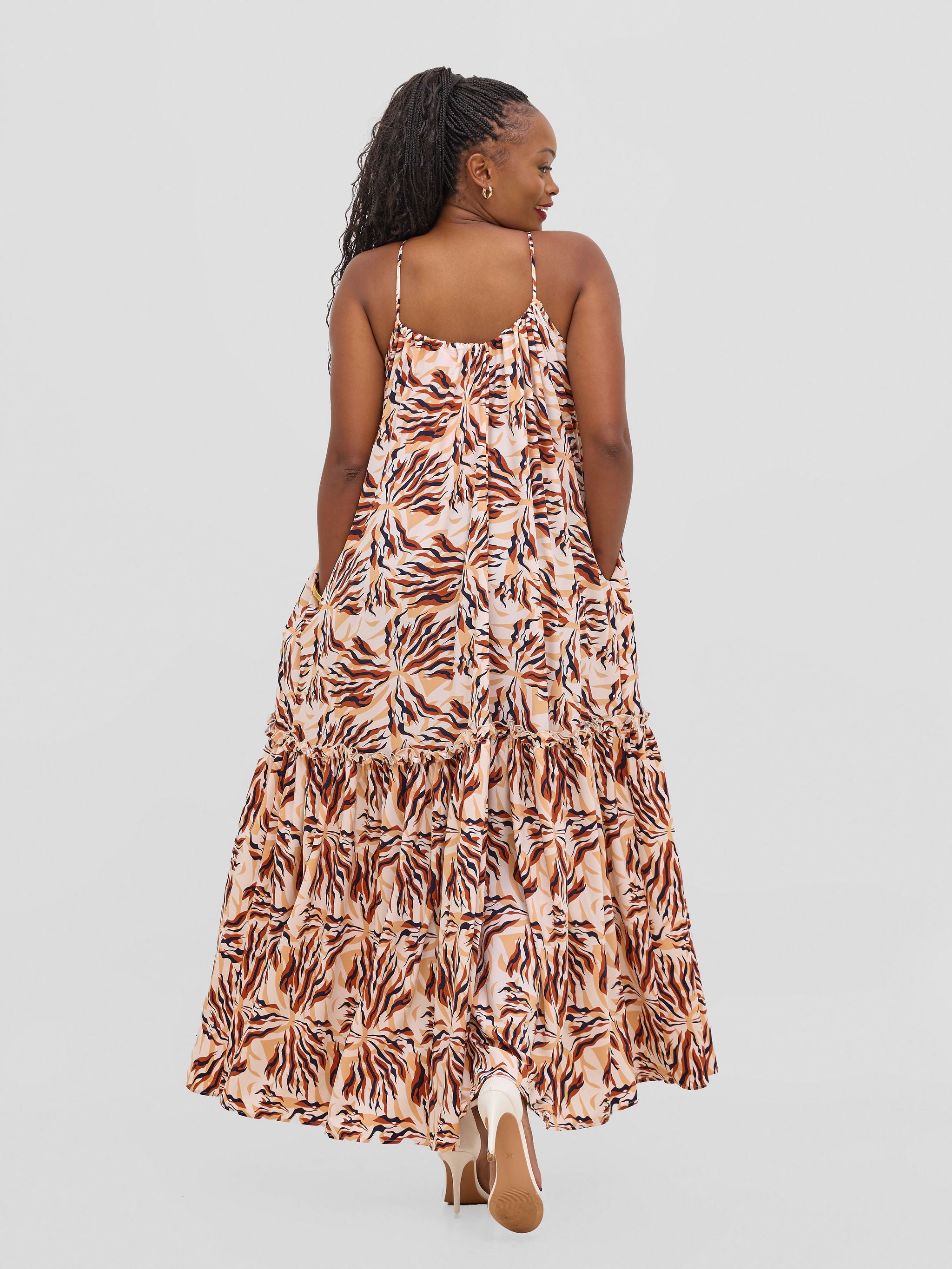 Vivo Sarabi Strappy Flounce Maxi Dress - White / Brown Print