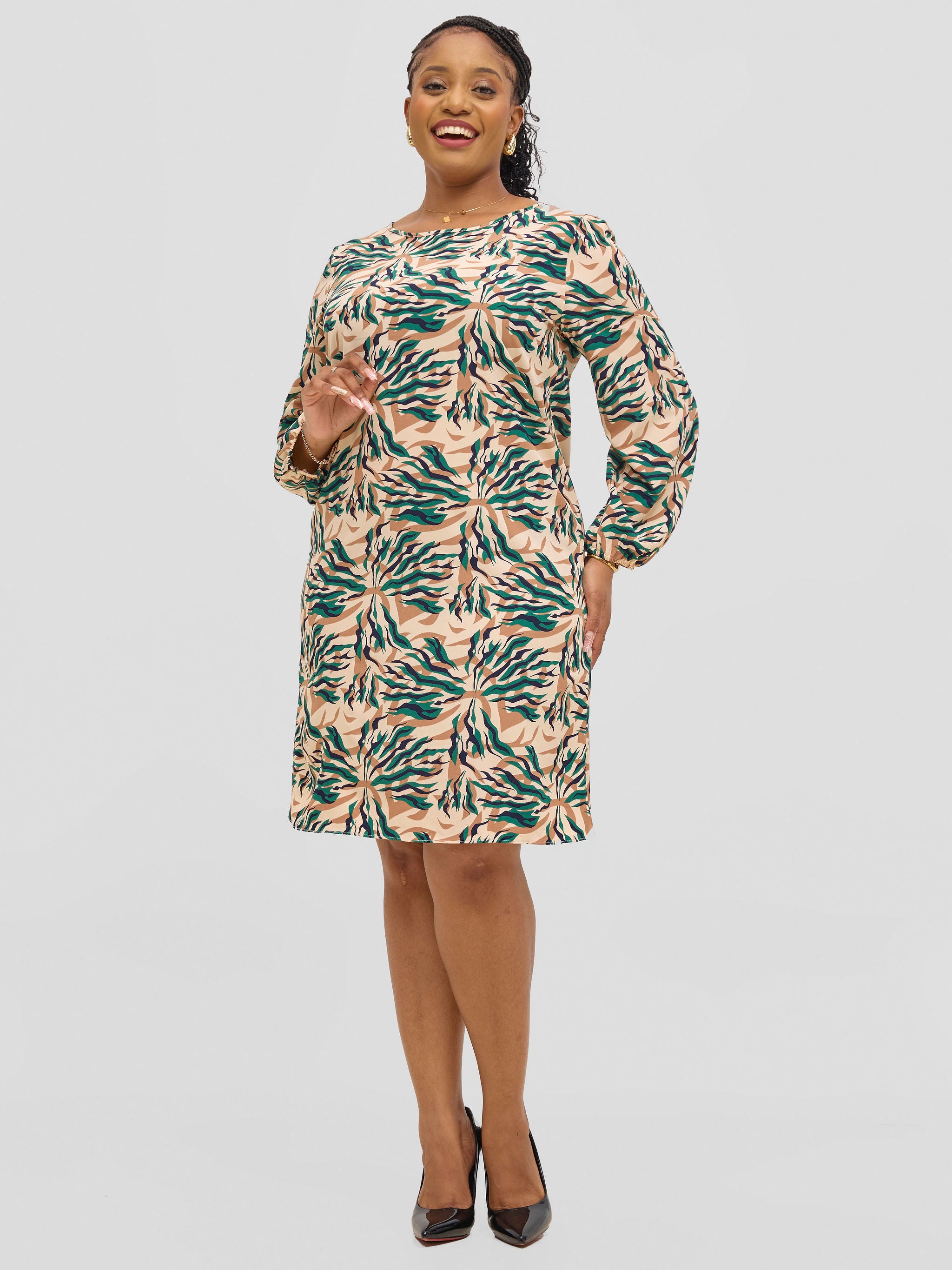 Vivo Jasiri Bishop Sleeve Shift Dress - Beige / Green Mali Print