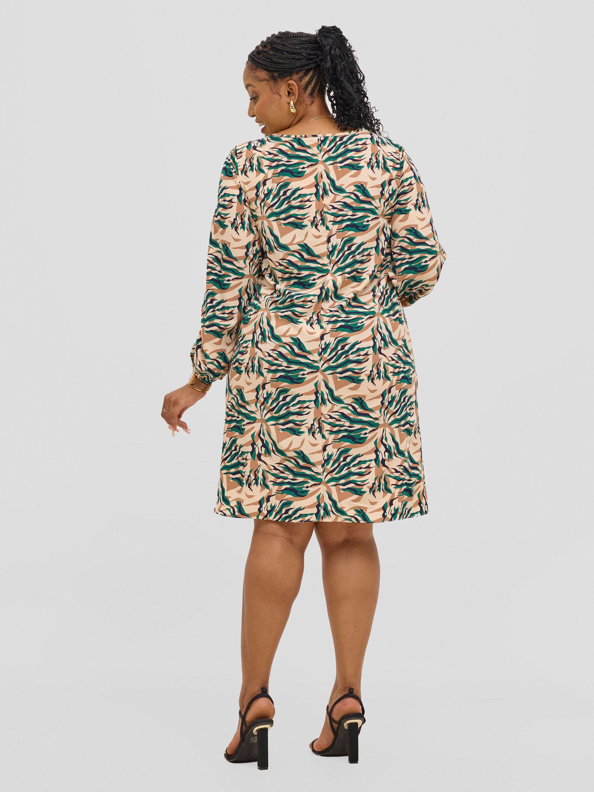Vivo Jasiri Bishop Sleeve Shift Dress - Beige / Green Mali Print