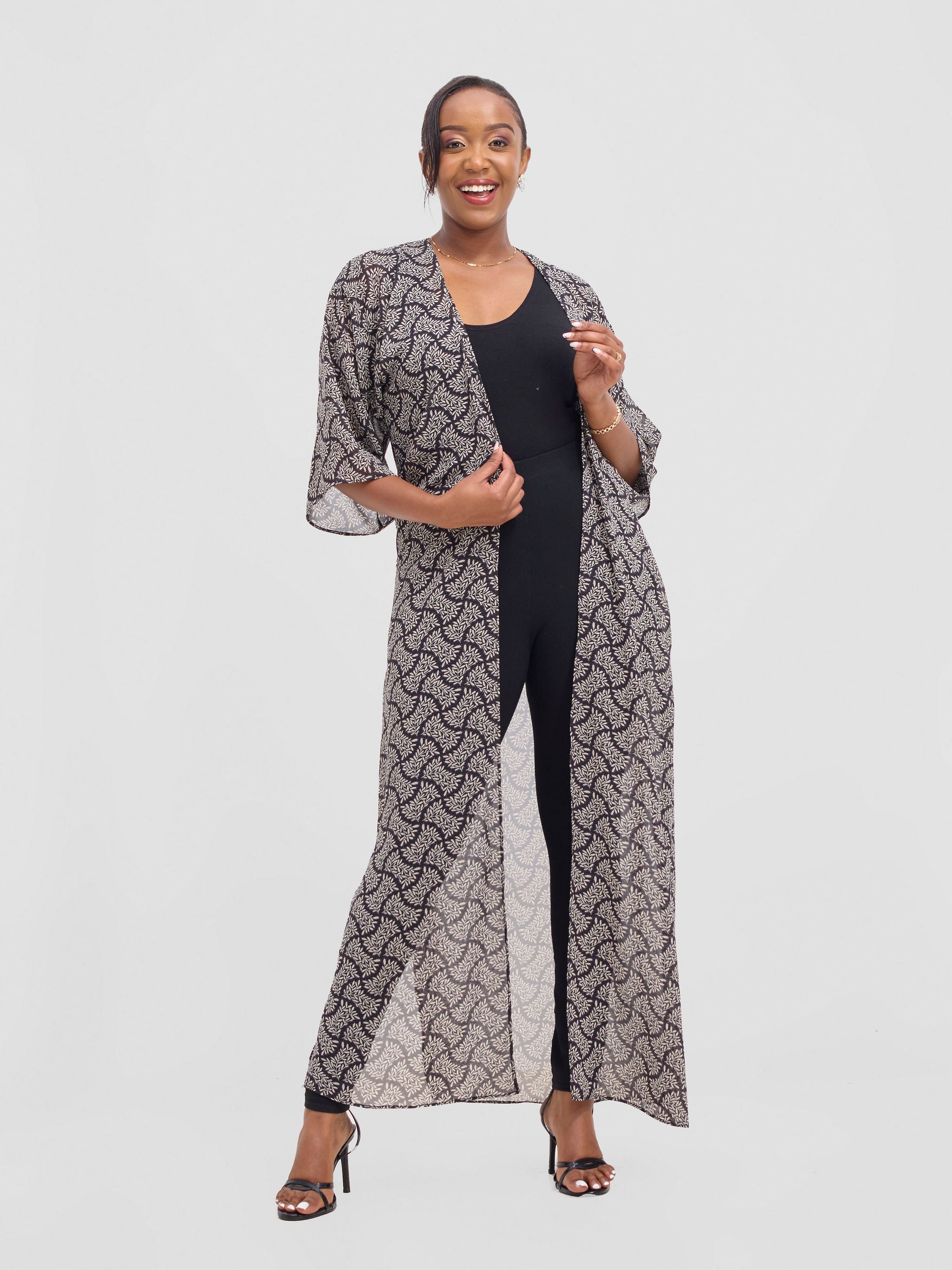 Vivo Basic Nandi A-Line Kimono - Black / Purple Ane Print