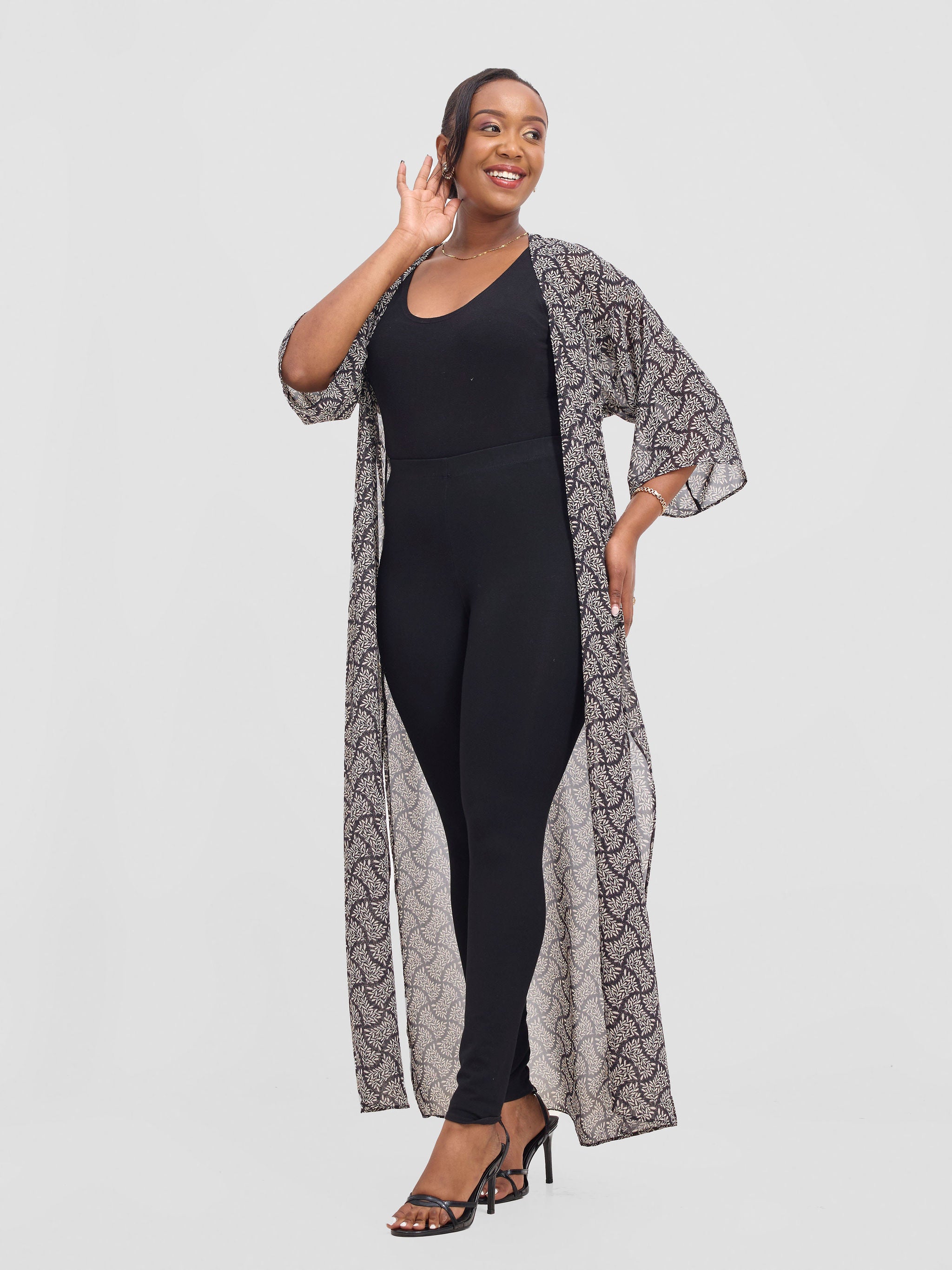 Vivo Basic Nandi A-Line Kimono - Black / Purple Ane Print