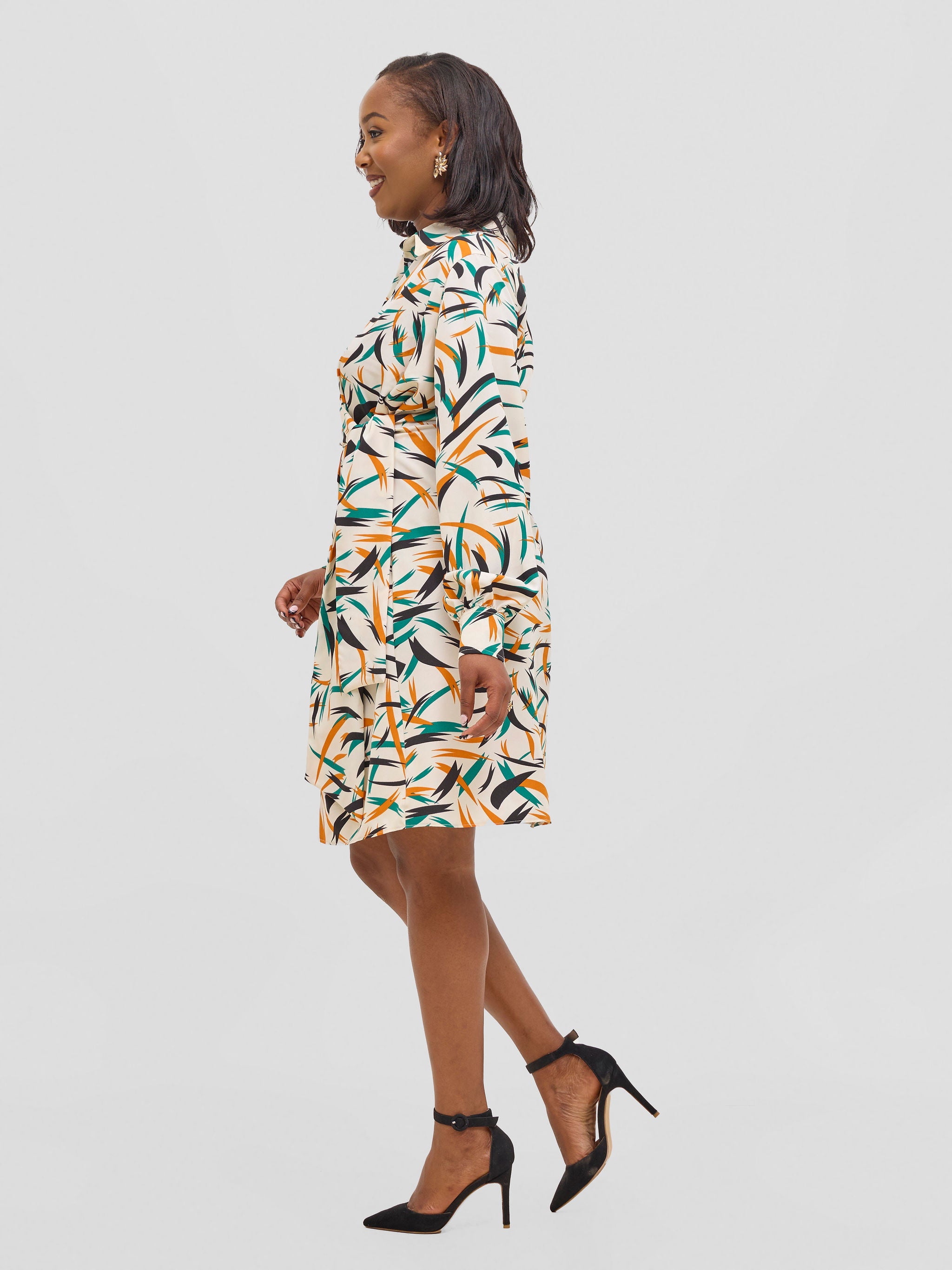 Vivo Arafa Long Sleeve Tie Dress - Green / Orange Rafa Print