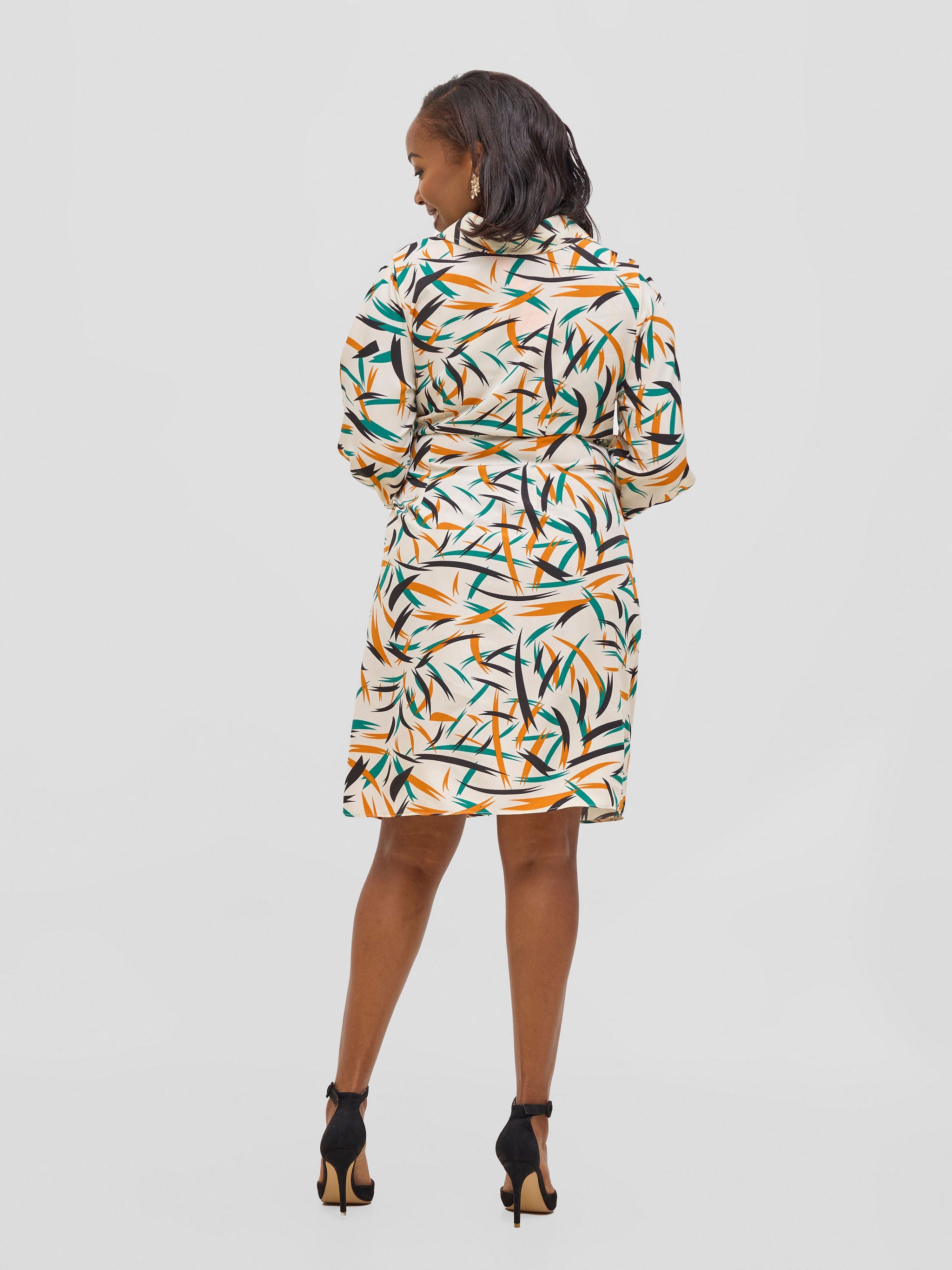 Vivo Arafa Long Sleeve Tie Dress - Green / Orange Rafa Print