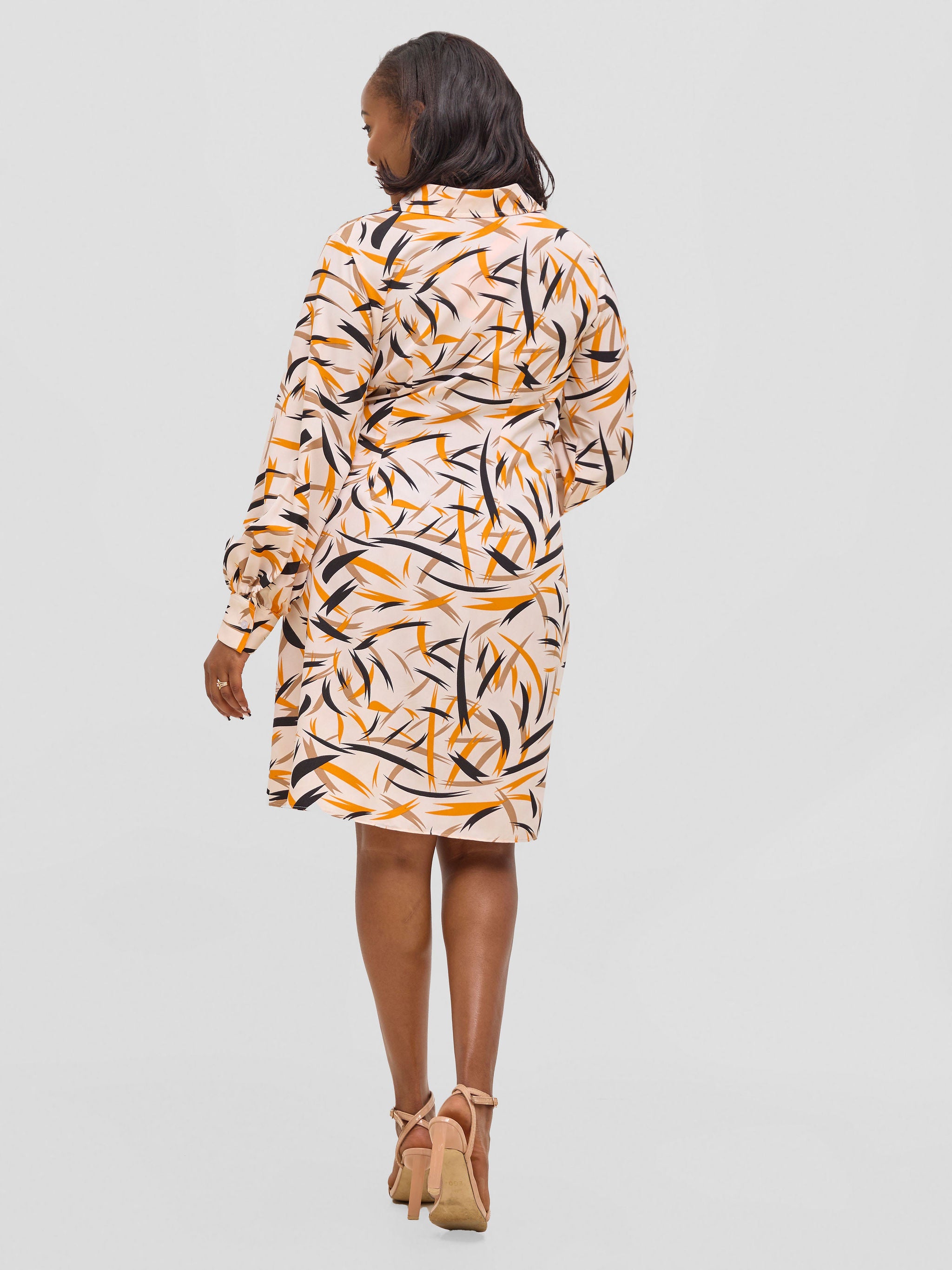 Vivo Arafa Long Sleeve Tie Dress - Taupe / Orange Rafa Print