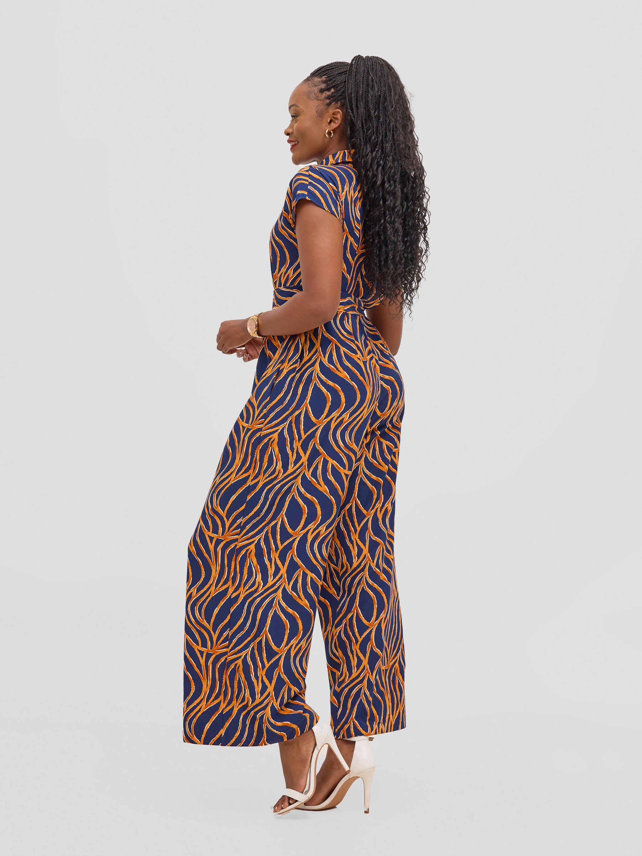 Vivo Ayla Drop Shoulder Jumpsuit - Navy / Orange Print