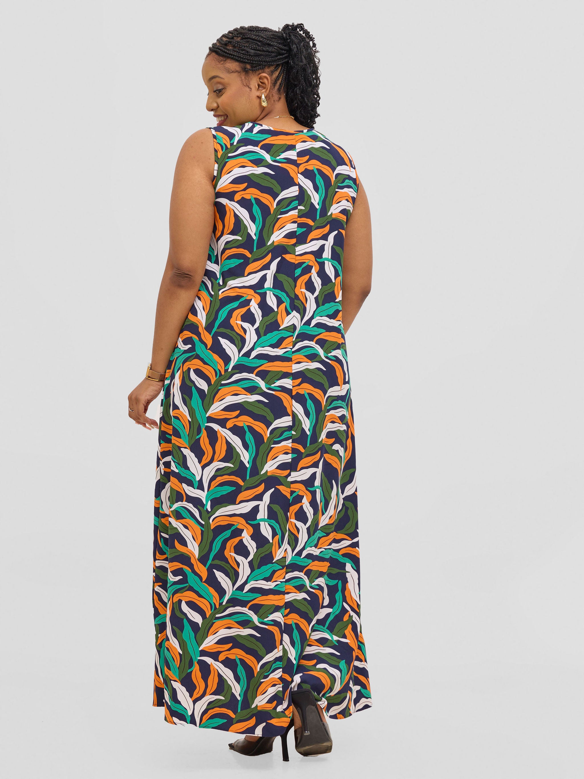 Vivo Basic Sleeveless Tent Maxi Dress - Orange / Green Print