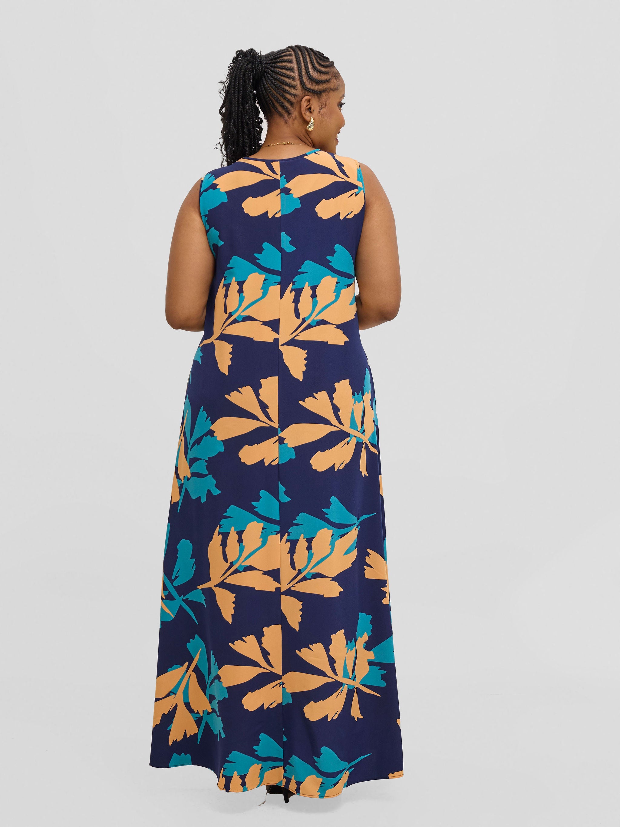 Vivo Basic Sleeveless Tent Maxi Dress - Navy / Peach Print