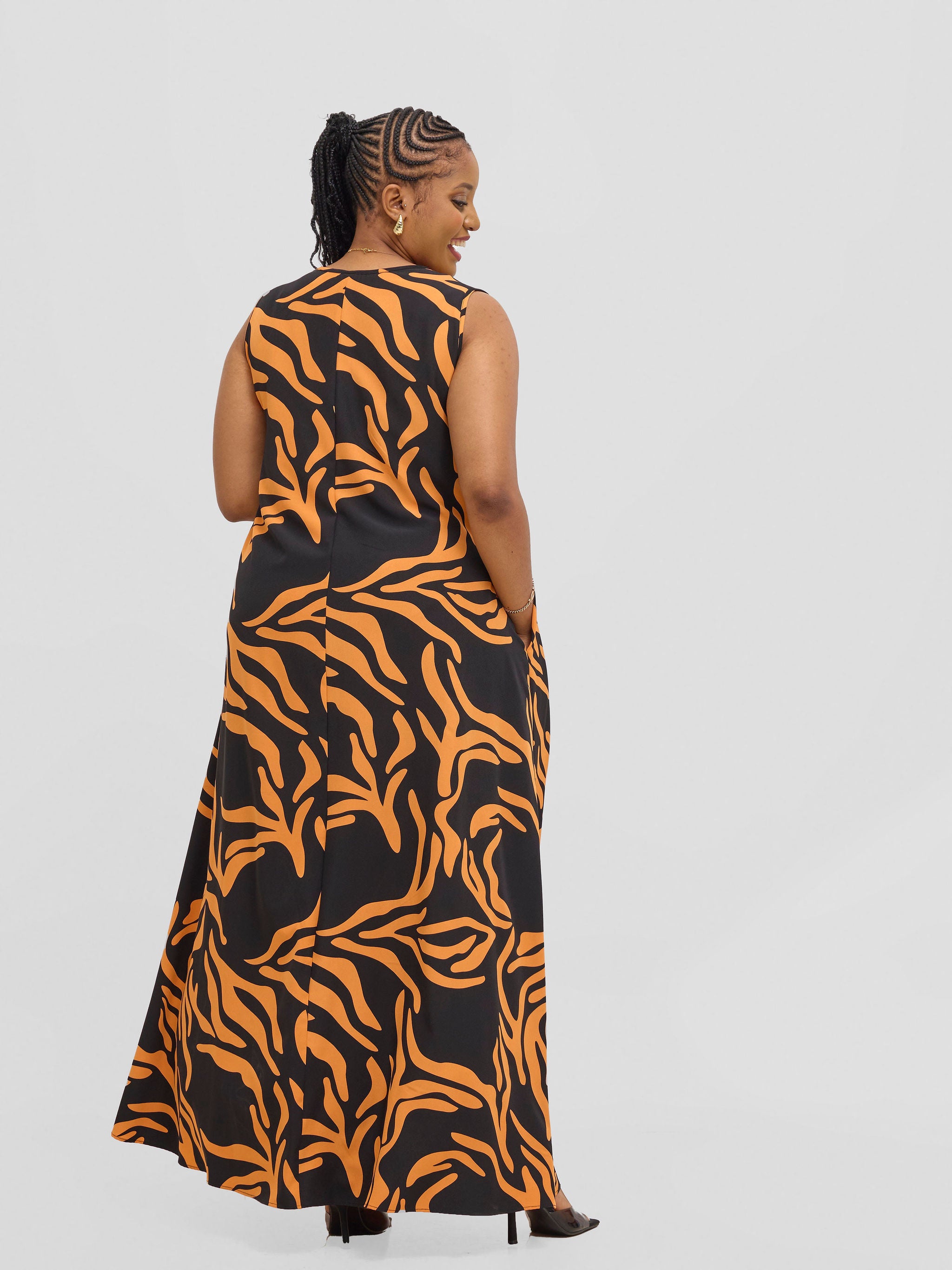 Vivo Basic Sleeveless Tent Maxi Dress - Black / Orange Print