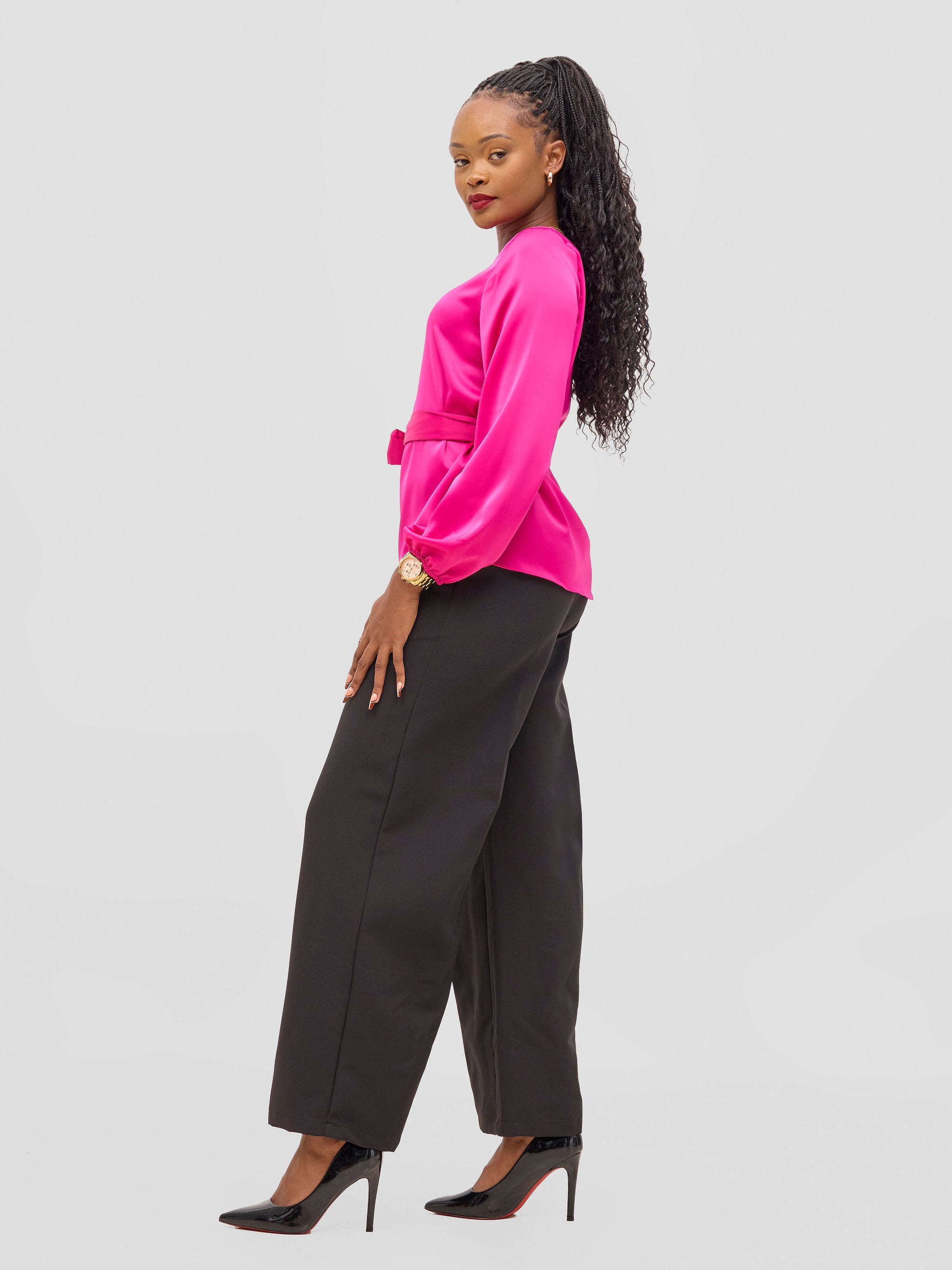 Vivo Meli Bishop Sleeve Tie Top - Hot Pink